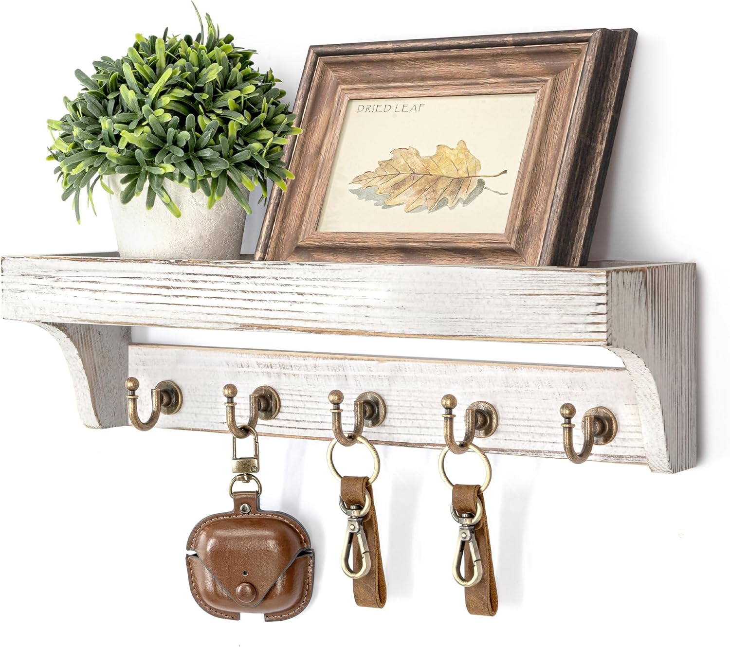 Moonval Wall Key Holder, Wooden Mail Organizer with Floating Shelf & 5 Hooks for Entryway