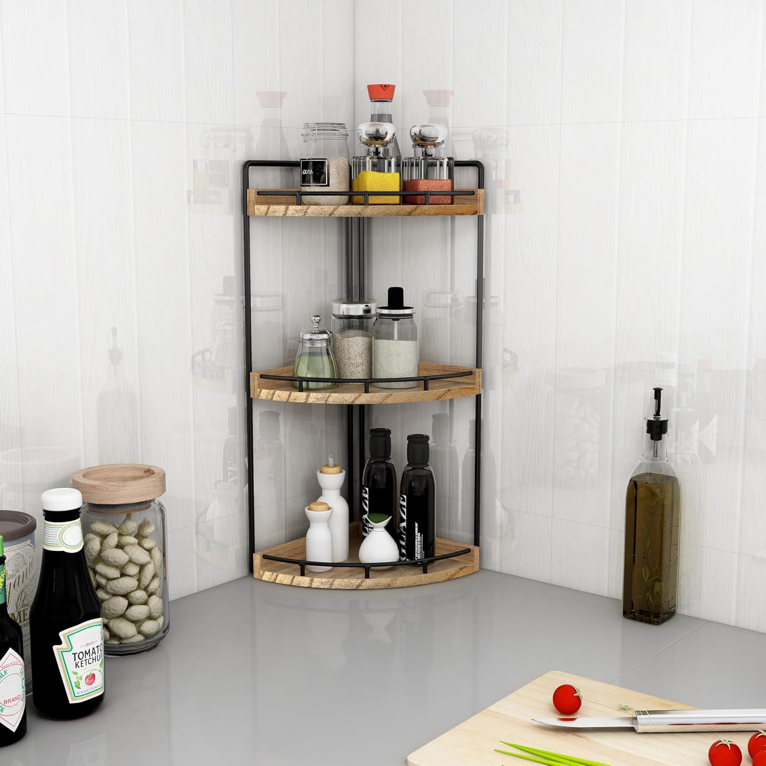 Moonval Corner Countertop Organizer, 3-Tier Wooden Shelf for Bathroom, Kitchen, Vanity & Dresser