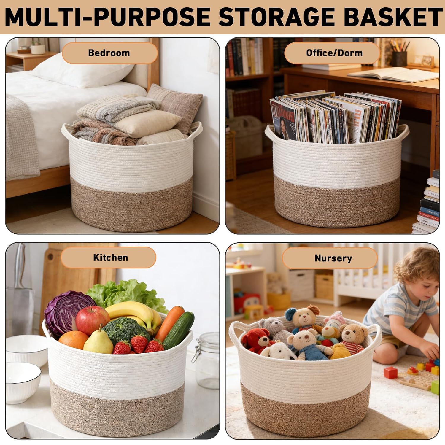 Moonval Woven Blanket Basket, Cotton Rope Storage Hamper with Handles for Laundry, Toys & Blankets
