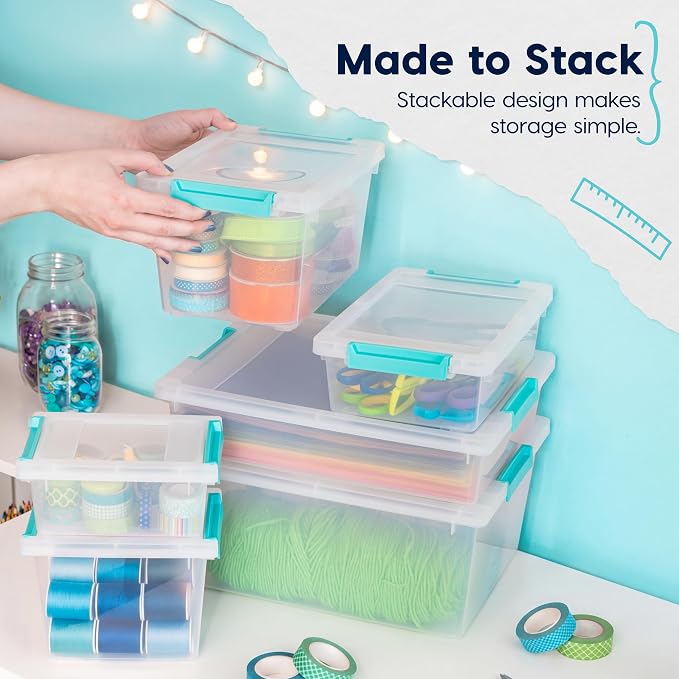 Moonval Craft Storage Bins, 6-Pack 1 Qt Clear Stackable Containers with Lids & Secure Latches