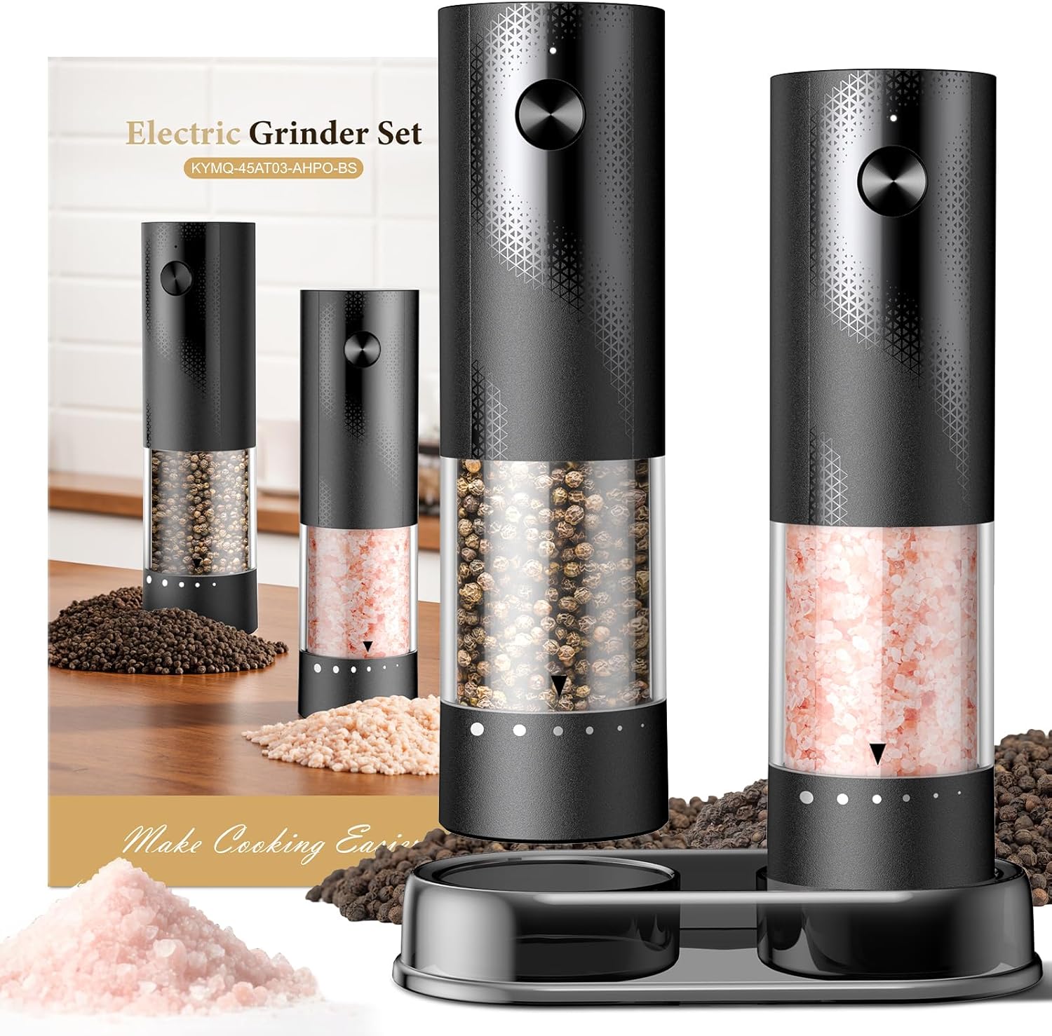 Moonval Electric Salt & Pepper Grinder Set, Rechargeable Automatic Mills with Adjustable Coarseness, Black