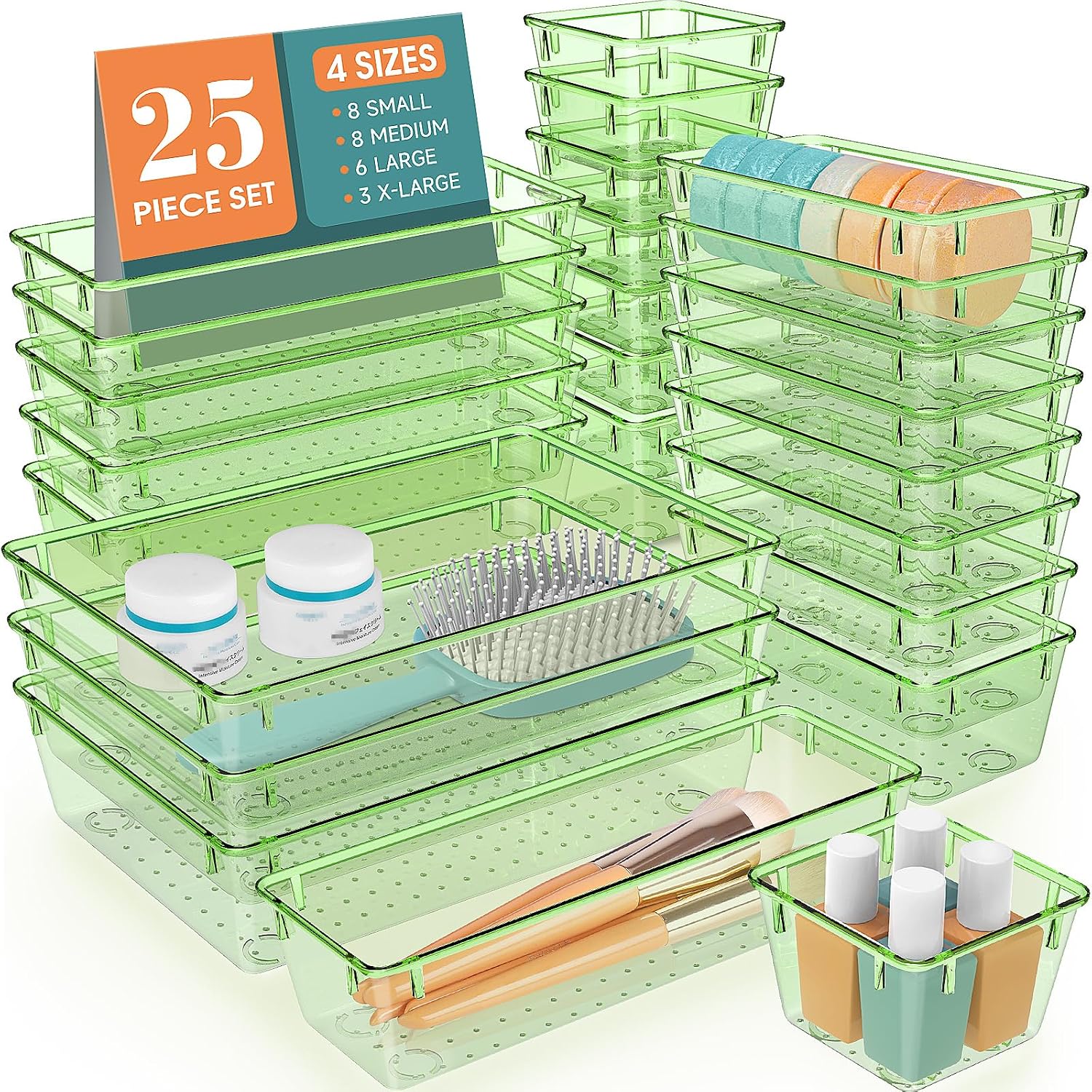 Moonval Clear Drawer Organizer Set, 25-Piece Plastic Storage Trays for Kitchen, Bathroom & Office