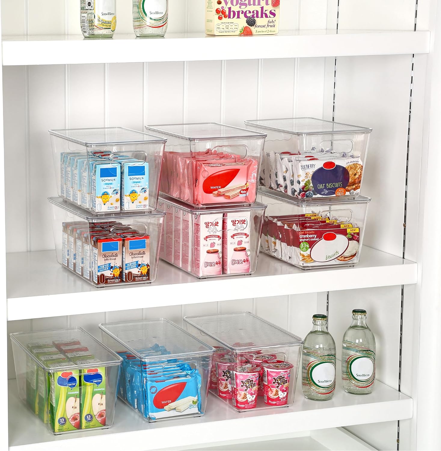 Moonval Clear Storage Bin with Lid, Stackable Plastic Organizer with Handle for Pantry, Fridge & Closet