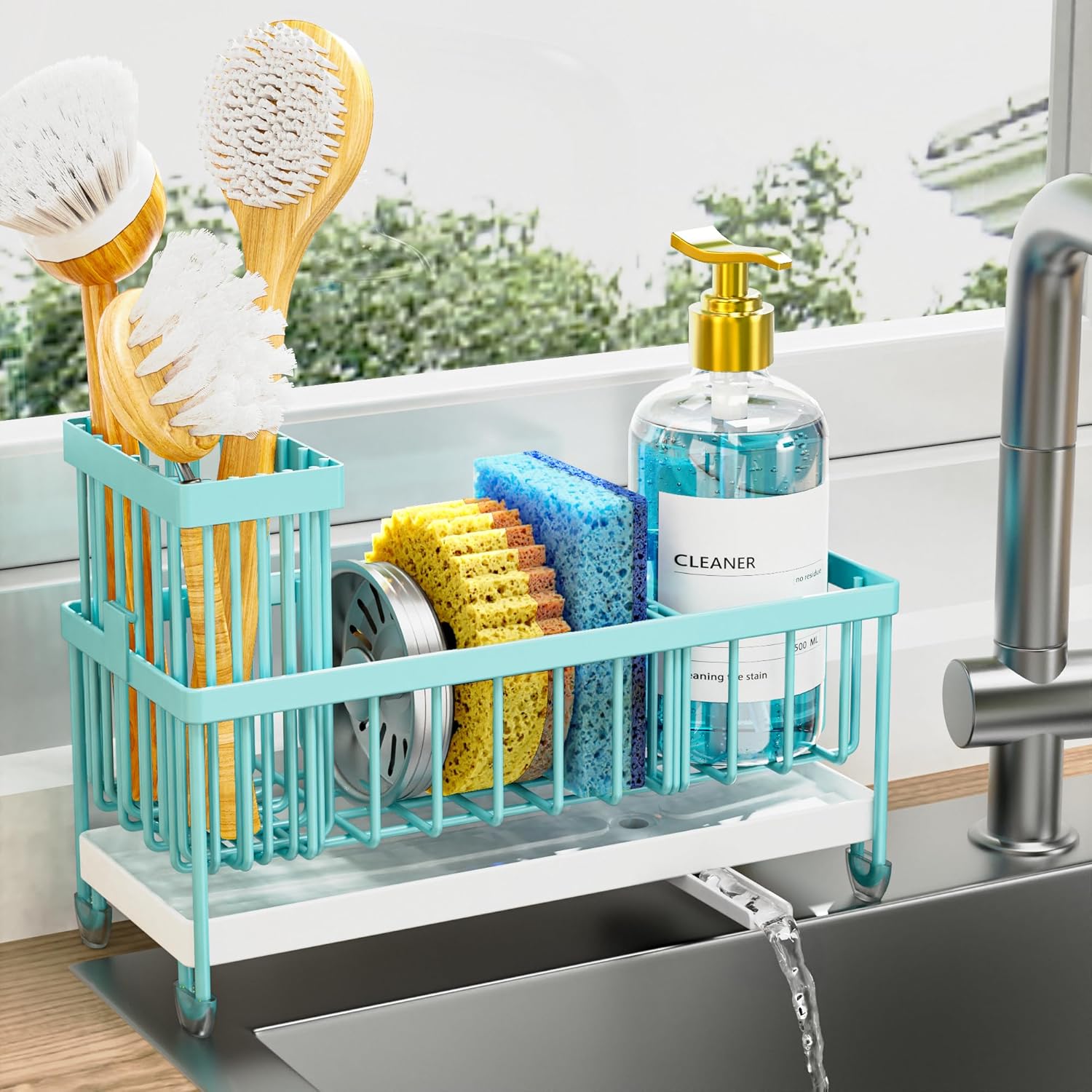 Moonval Kitchen Sink Caddy, 304 Stainless Steel Sponge Holder with Removable Brush Rack