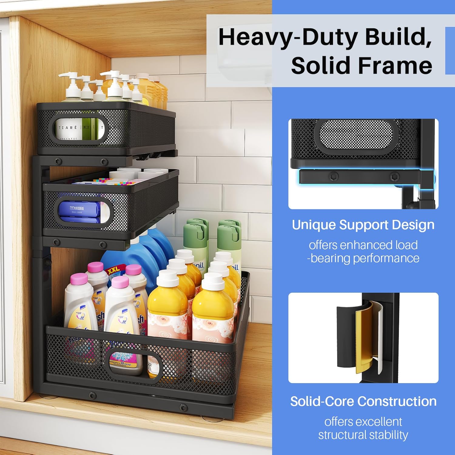 Moonval Under Sink Organizer, 3-Tier Height-Adjustable Sliding Metal Cabinet Shelf with Pull-Out Drawers