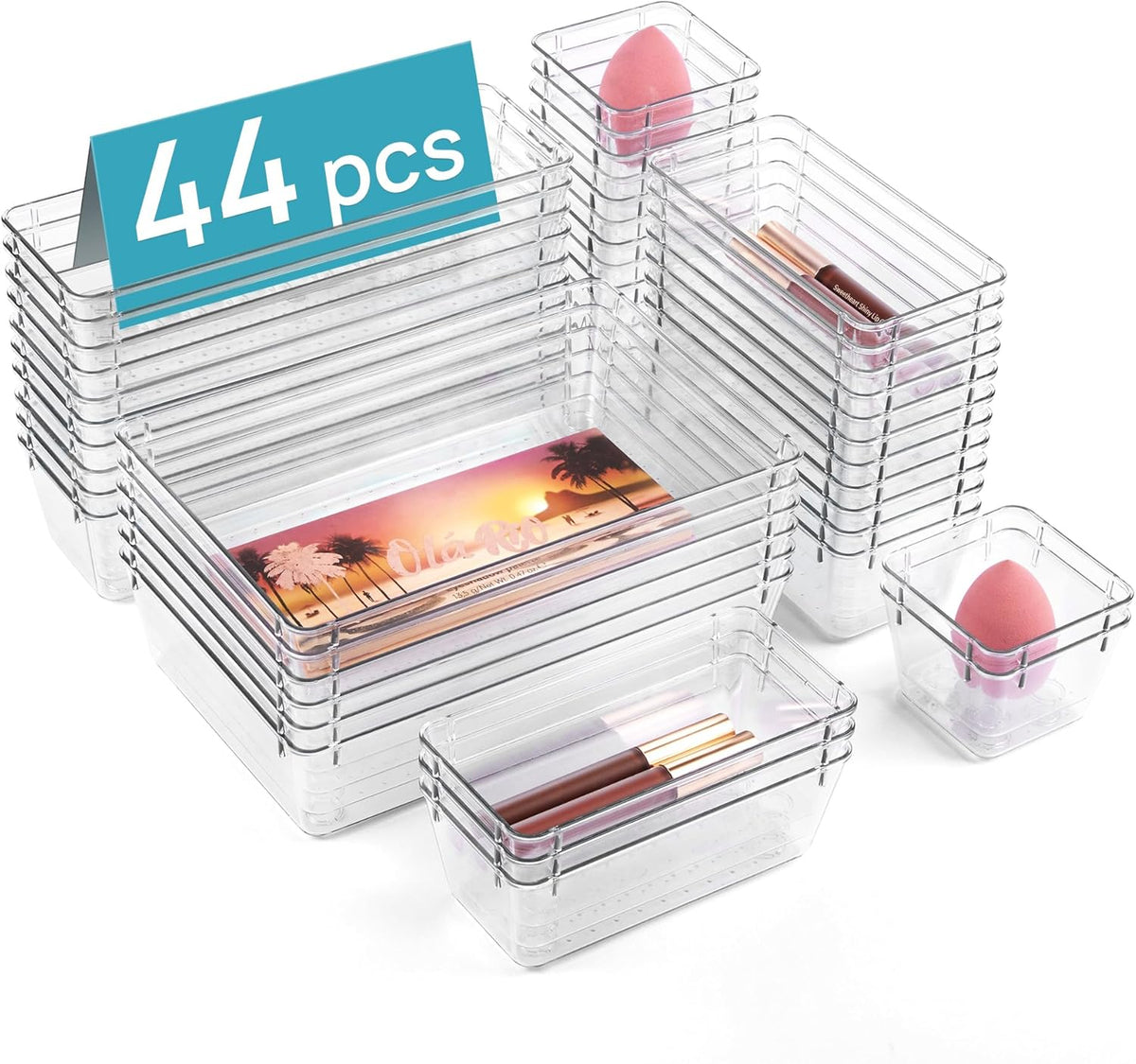 Moonval Clear Drawer Organizer Set, 44-Piece Plastic Storage Trays for Makeup, Kitchen & Office