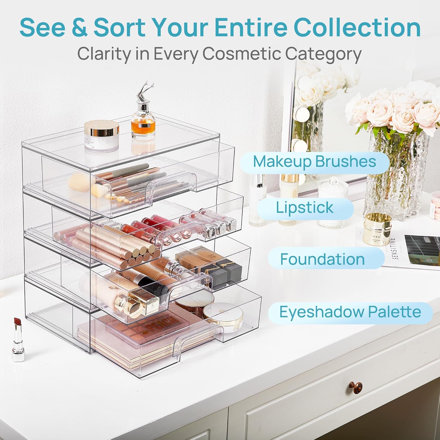 Moonval Clear Storage Drawers, Stackable Acrylic Organizers for Makeup & Bathroom