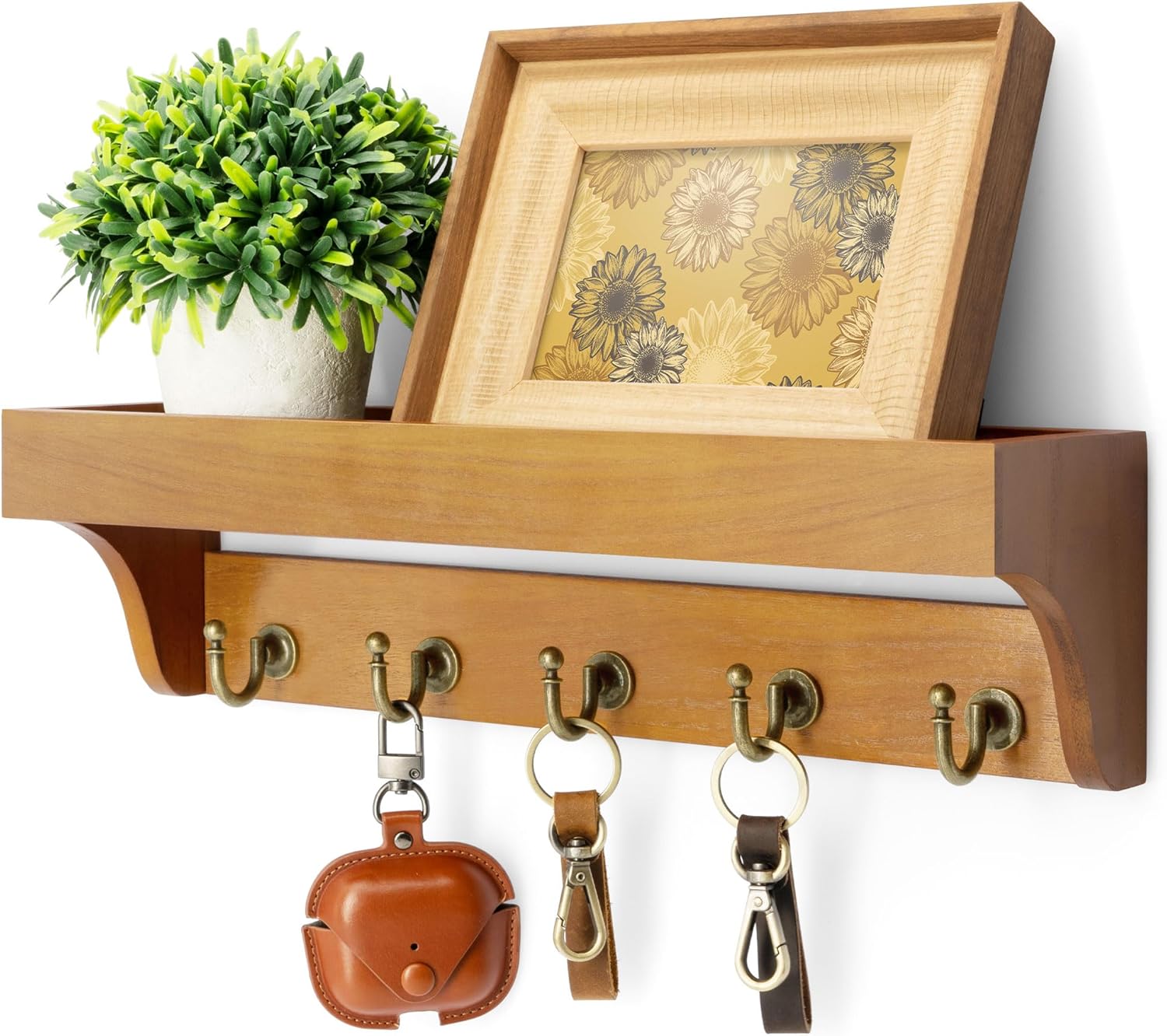 Moonval Wall Key Holder, Wooden Mail Organizer with Floating Shelf & 5 Hooks for Entryway