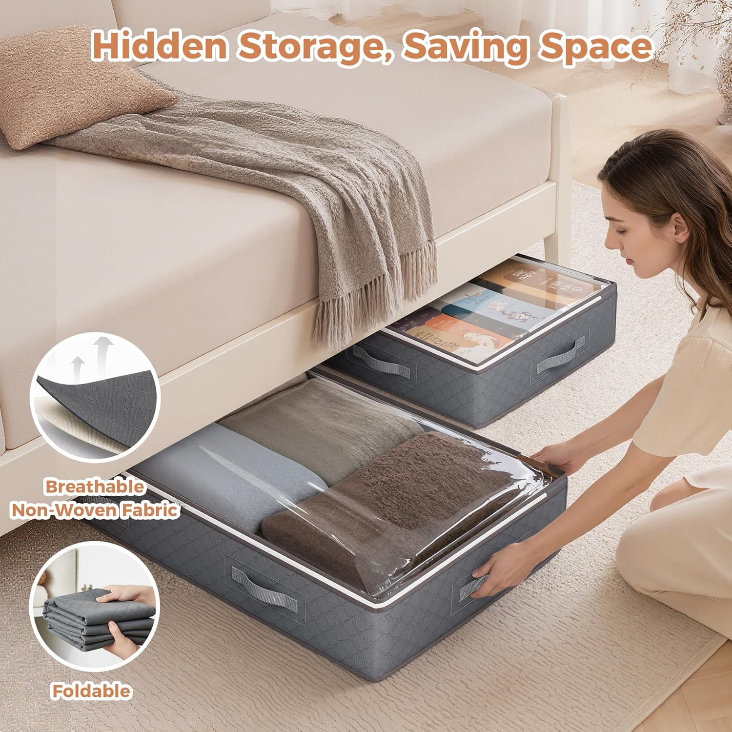 Moonval Under Bed Storage Bags, Foldable Organizers with Clear Window & Reinforced Handles