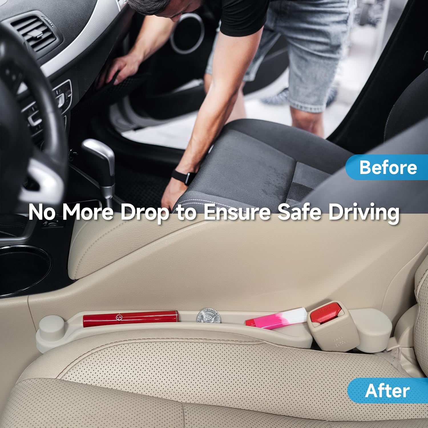 Moonval Car Seat Gap Fillers, 2-Pack 3-in-1 Foam Organizers with Storage Hook for Car Seats