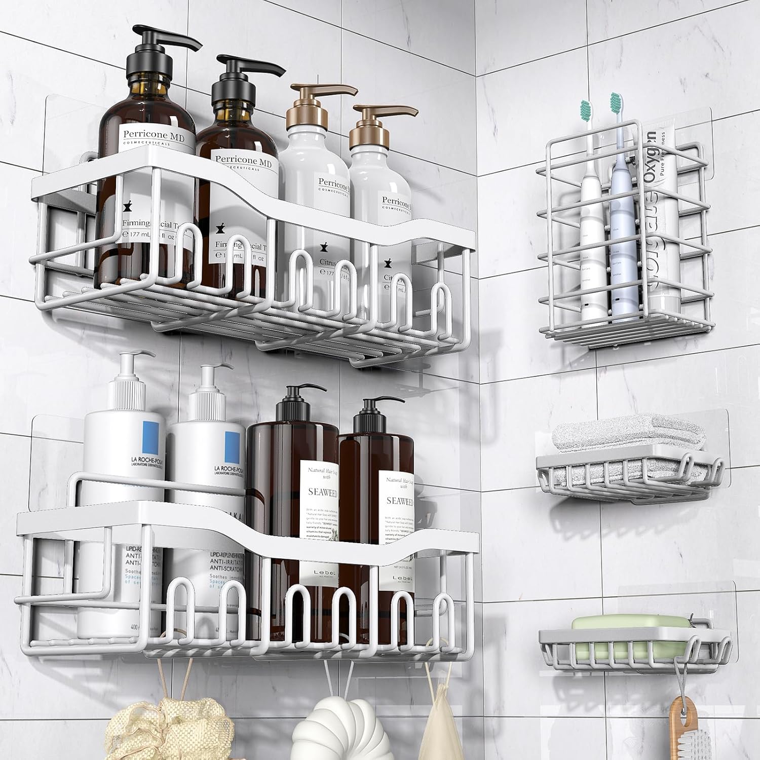 Moonval Adhesive Shower Caddy, 5-Pack Rustproof Stainless Steel Bathroom Organizer Shelves