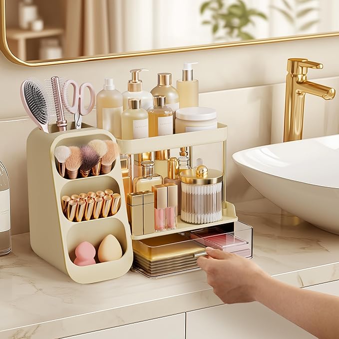 Moonval Bathroom Organizer, 3-Tier Vanity Storage with Brush Holder for Makeup & Skincare