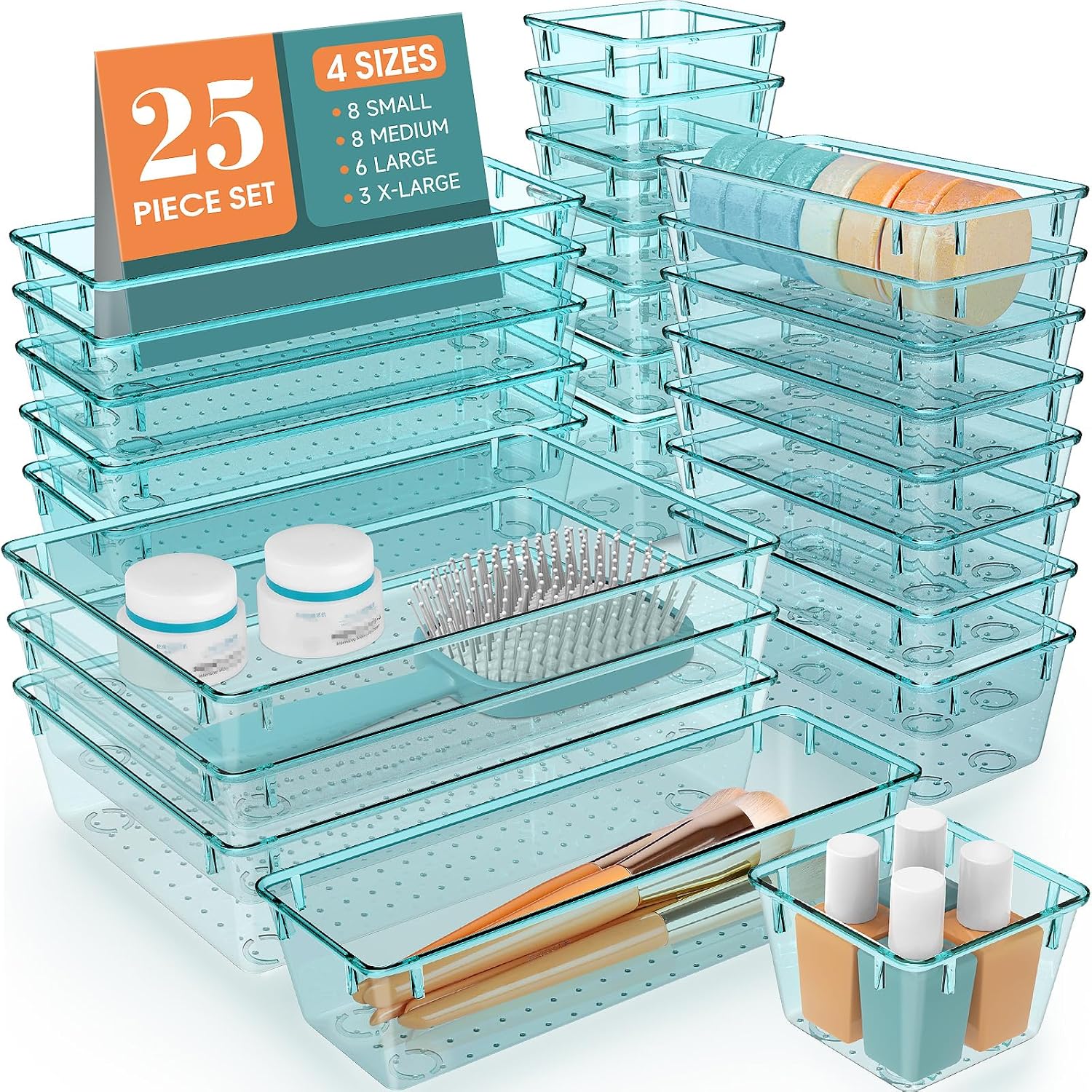 Moonval Clear Drawer Organizer Set, 25-Piece Plastic Storage Trays for Kitchen, Bathroom & Office