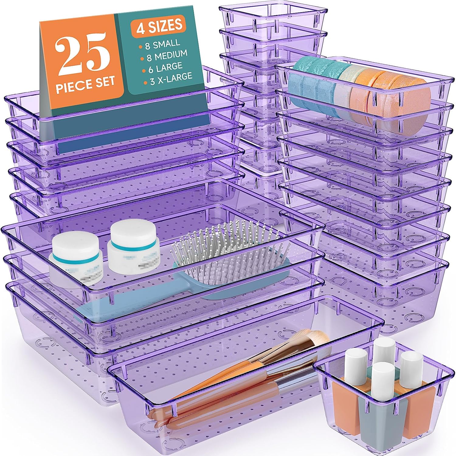 Moonval Clear Drawer Organizer Set, 25-Piece Plastic Storage Trays for Kitchen, Bathroom & Office