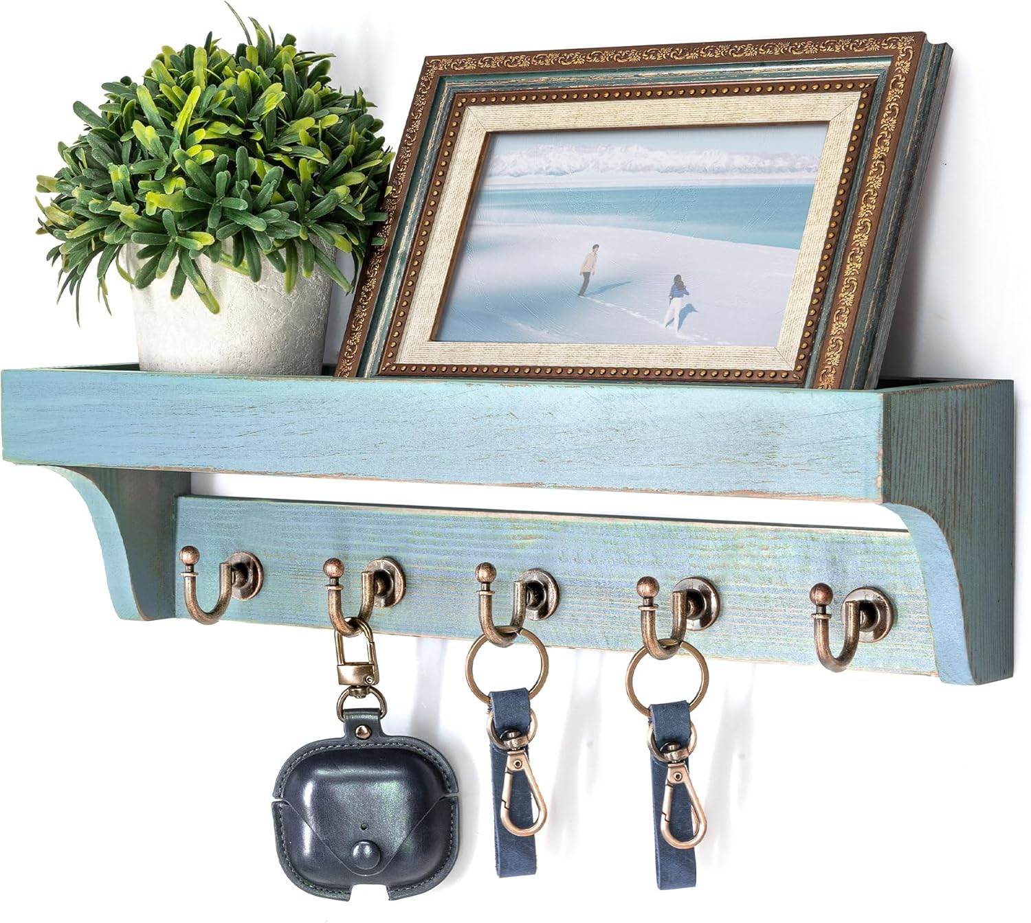 Moonval Wall Key Holder, Wooden Mail Organizer with Floating Shelf & 5 Hooks for Entryway