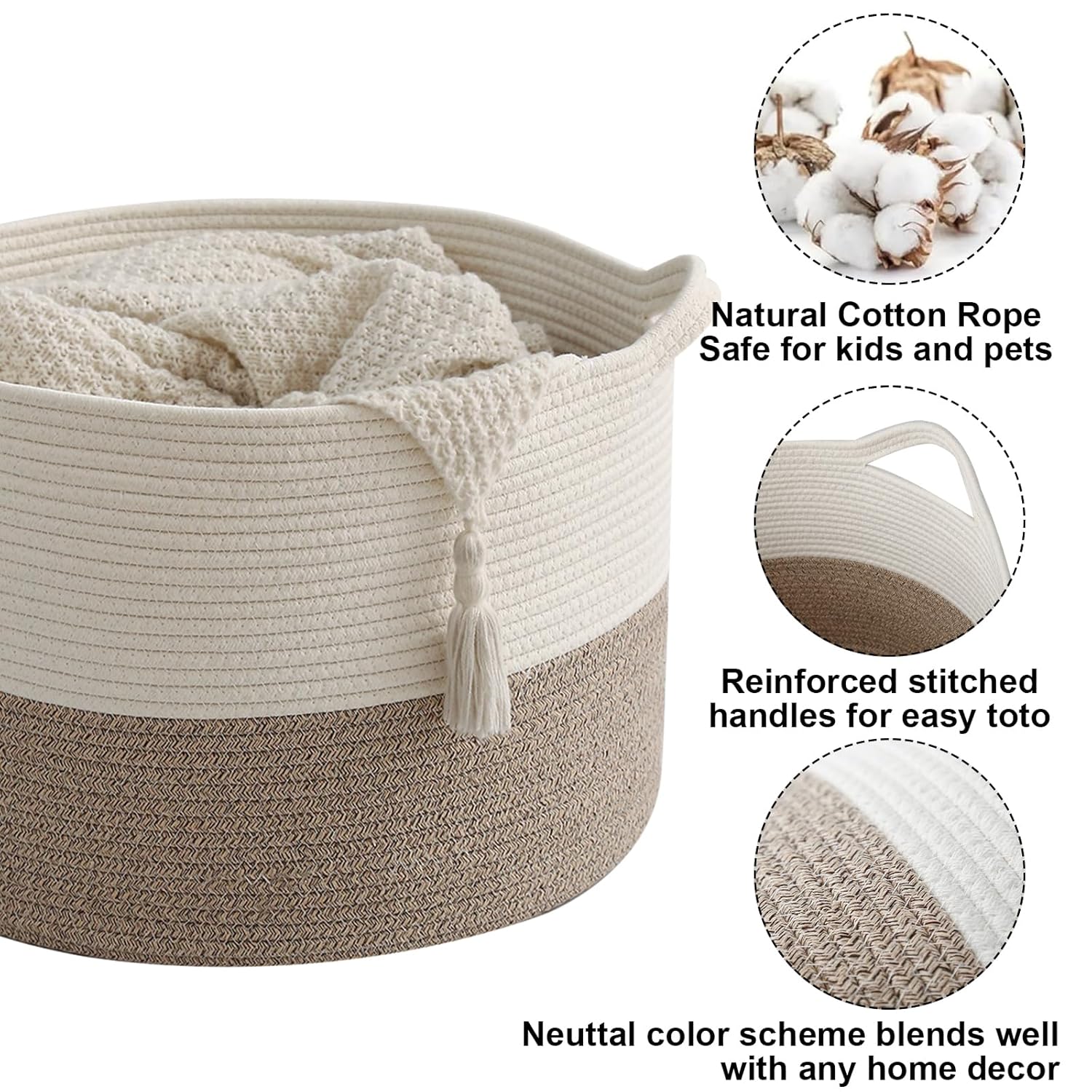 Moonval Woven Blanket Basket, Cotton Rope Storage Hamper with Handles for Laundry, Toys & Blankets