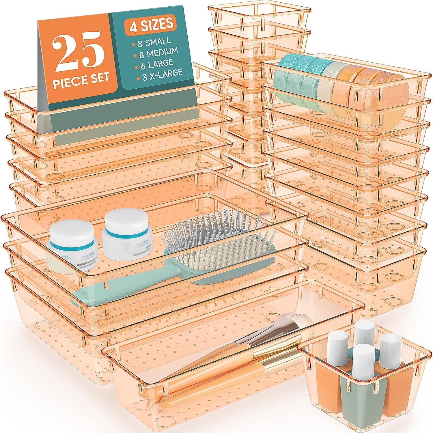 Moonval Clear Drawer Organizer Set, 25-Piece Plastic Storage Trays for Kitchen, Bathroom & Office