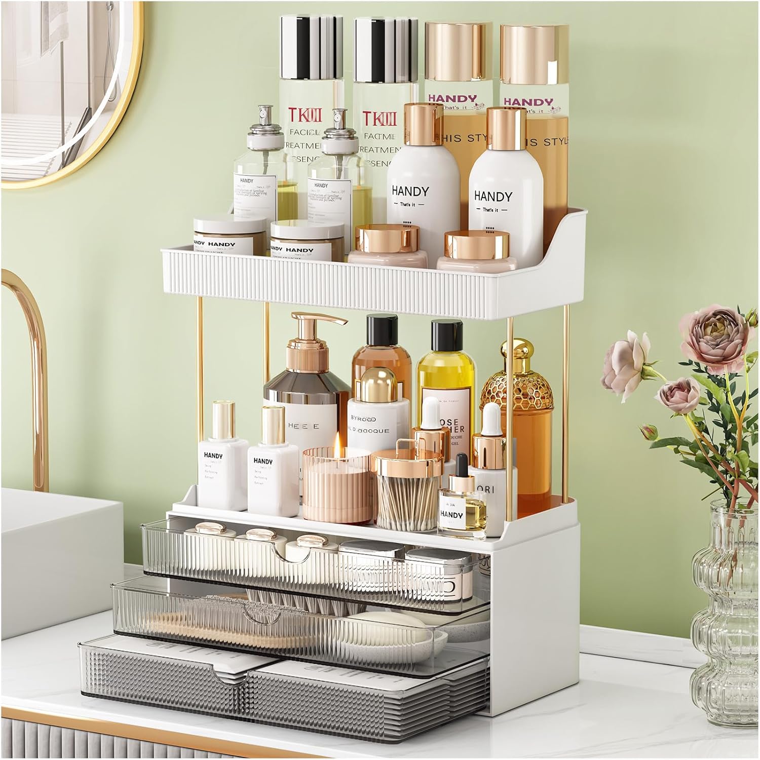 Moonval Makeup Organizer, 5-Tier Vanity Storage with 3 Large Drawers for Cosmetics & Skincare