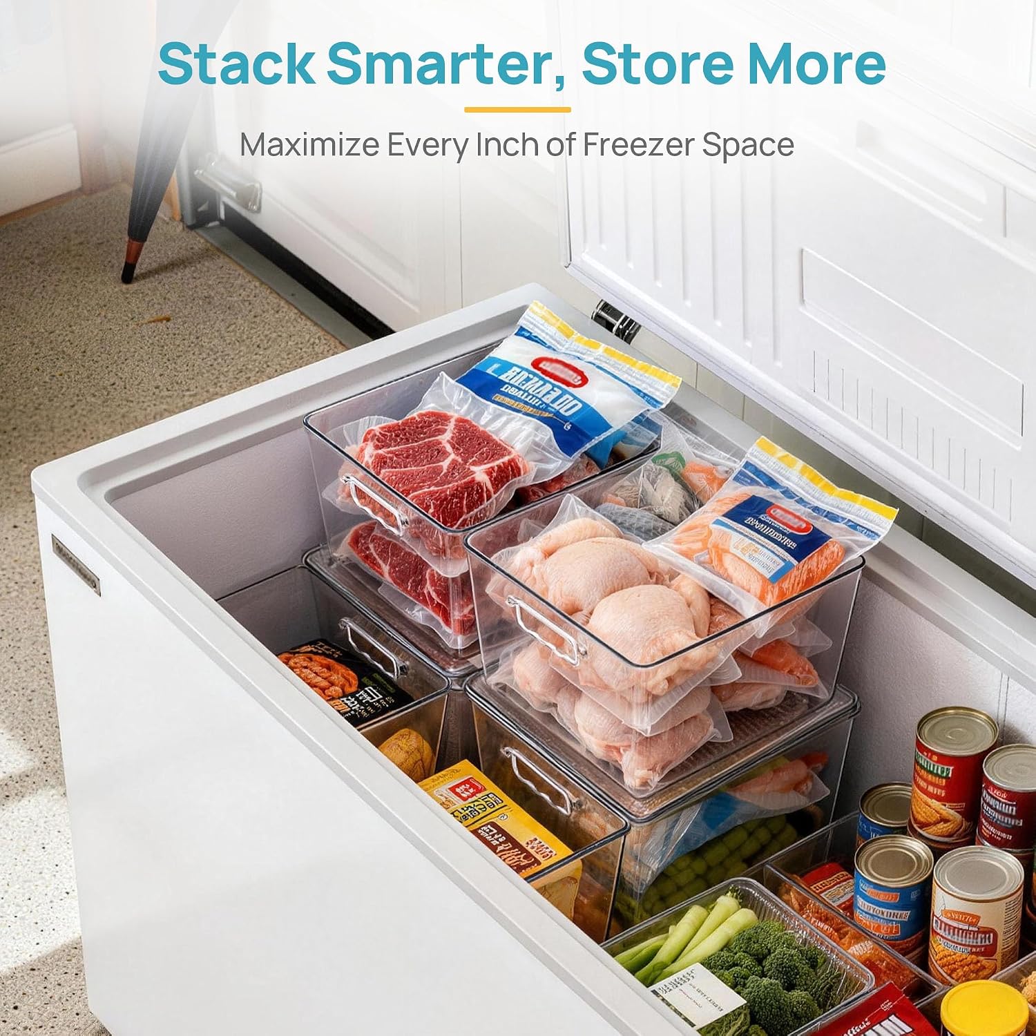Moonval Clear Storage Bins, Stackable Containers with Lids & Handles for Pantry & Freezer