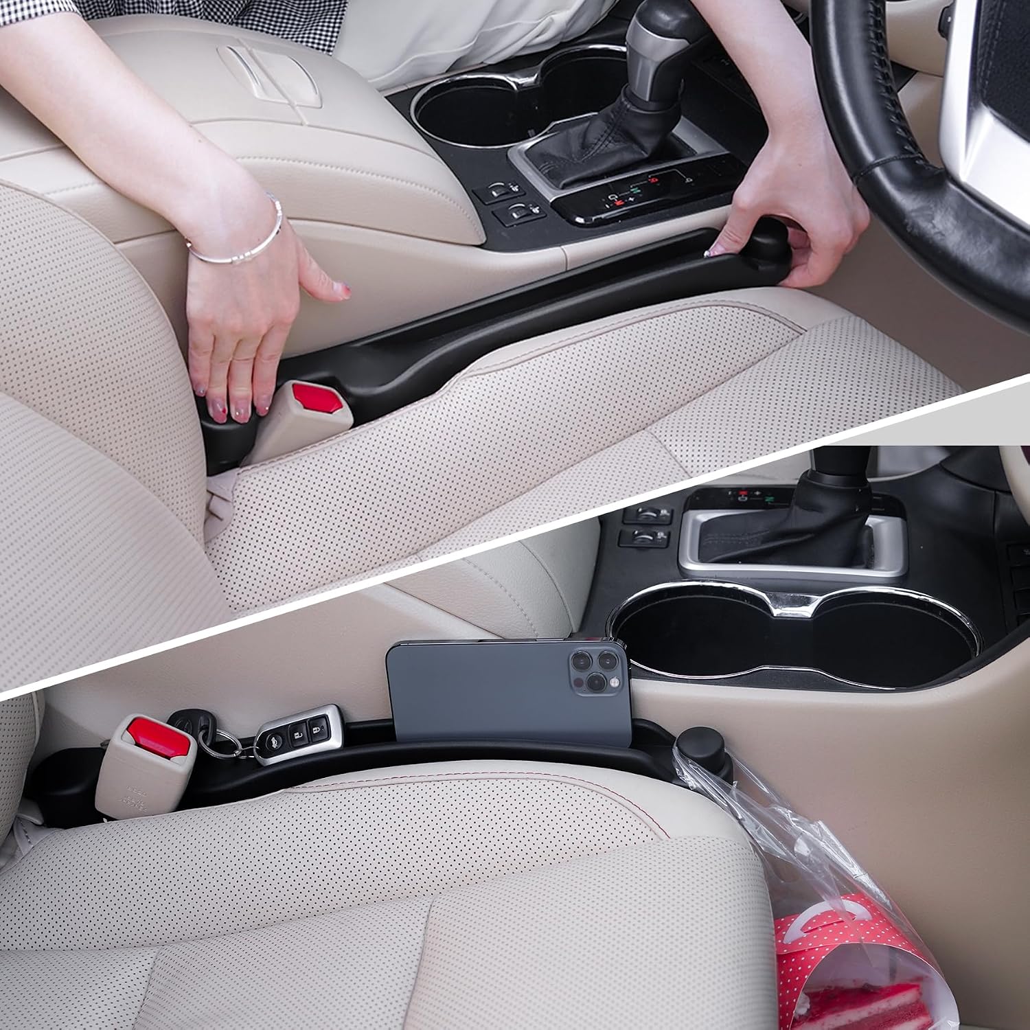 Moonval Car Seat Gap Fillers, 2-Pack 3-in-1 Foam Organizers with Storage Hook for Car Seats