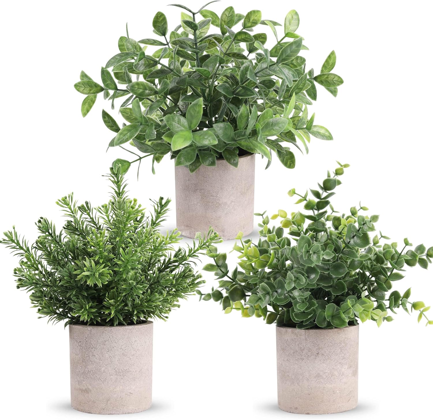 Moonval Mini Artificial Potted Plants, Set of 3 Faux Eucalyptus for Home, Office & Desk Decor