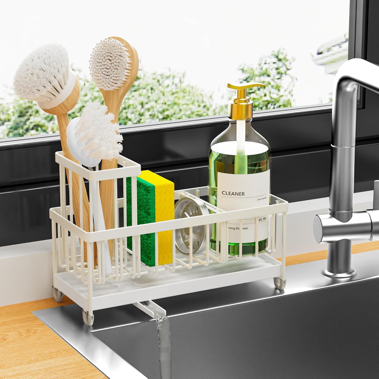 Moonval Kitchen Sink Caddy, 304 Stainless Steel Sponge Holder with Removable Brush Rack