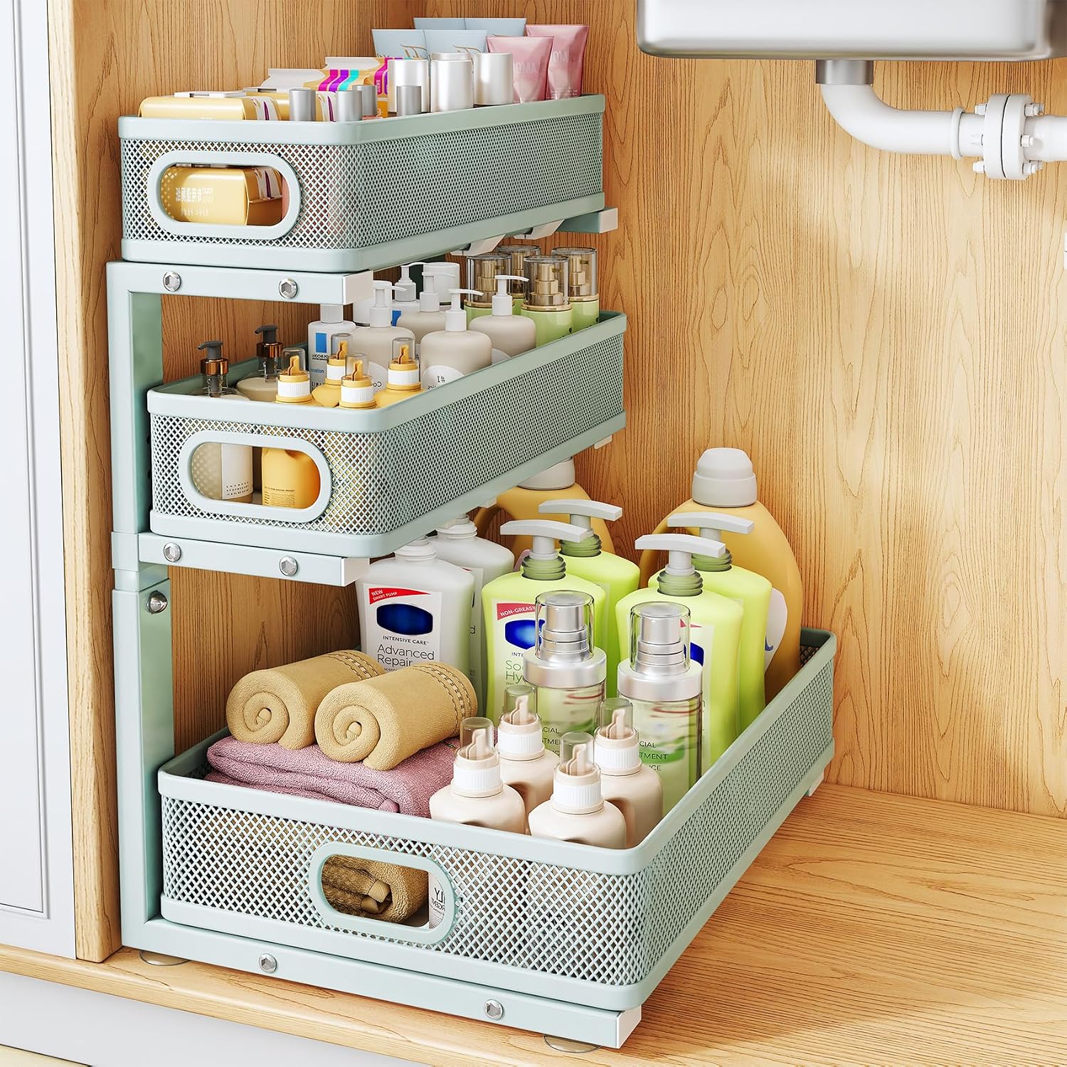 Moonval Under Sink Organizer, 3-Tier Height-Adjustable Sliding Metal Cabinet Shelf with Pull-Out Drawers