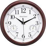 Kiera Grace Metz 9" Outdoor Wall Clock with Tempreture and Humid Gauges, Wood Grain Retro Walnut Red, Arabic Numerals Clock, Easy-to-Read, Battery Operated, Perfect for Home or Office Décor