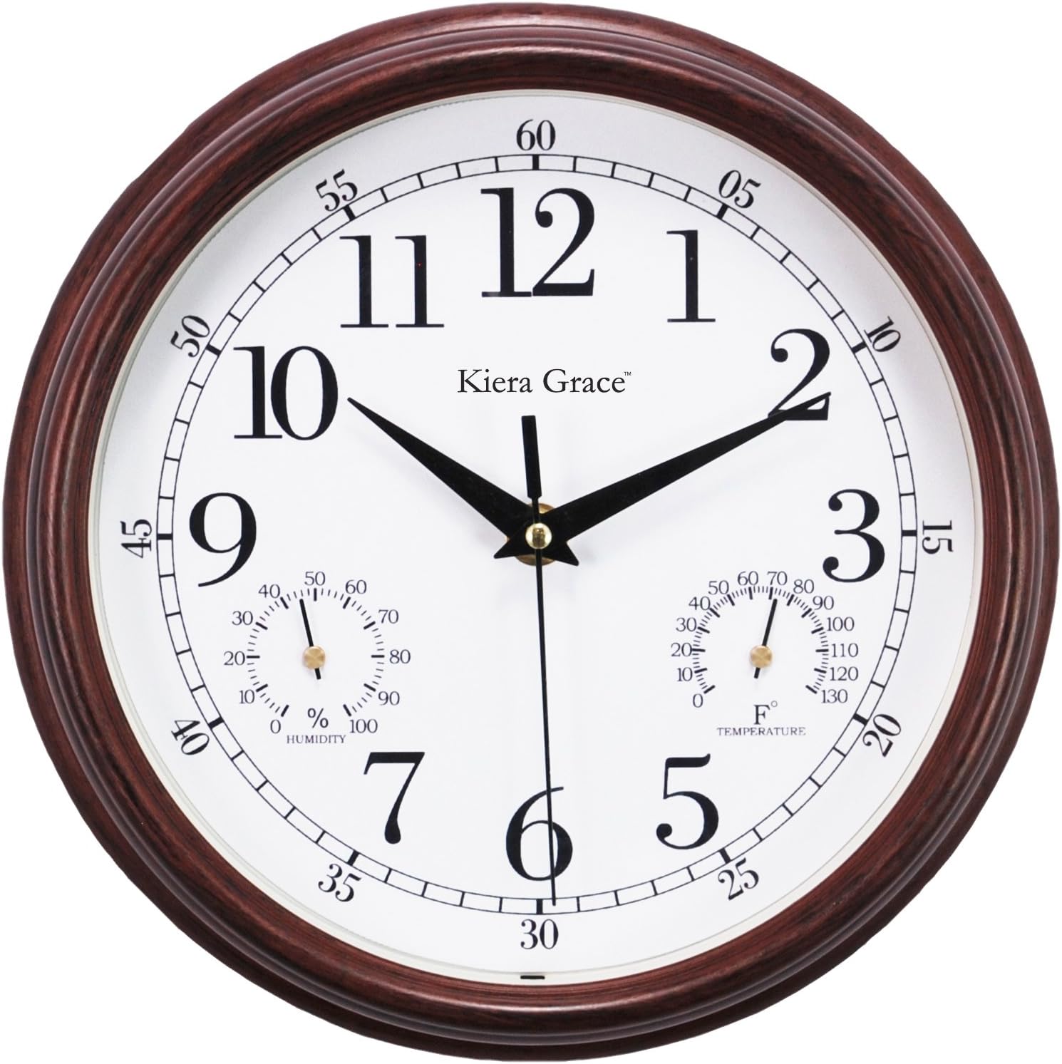 Kiera Grace Metz 9" Outdoor Wall Clock with Tempreture and Humid Gauges, Wood Grain Retro Walnut Red, Arabic Numerals Clock, Easy-to-Read, Battery Operated, Perfect for Home or Office Décor