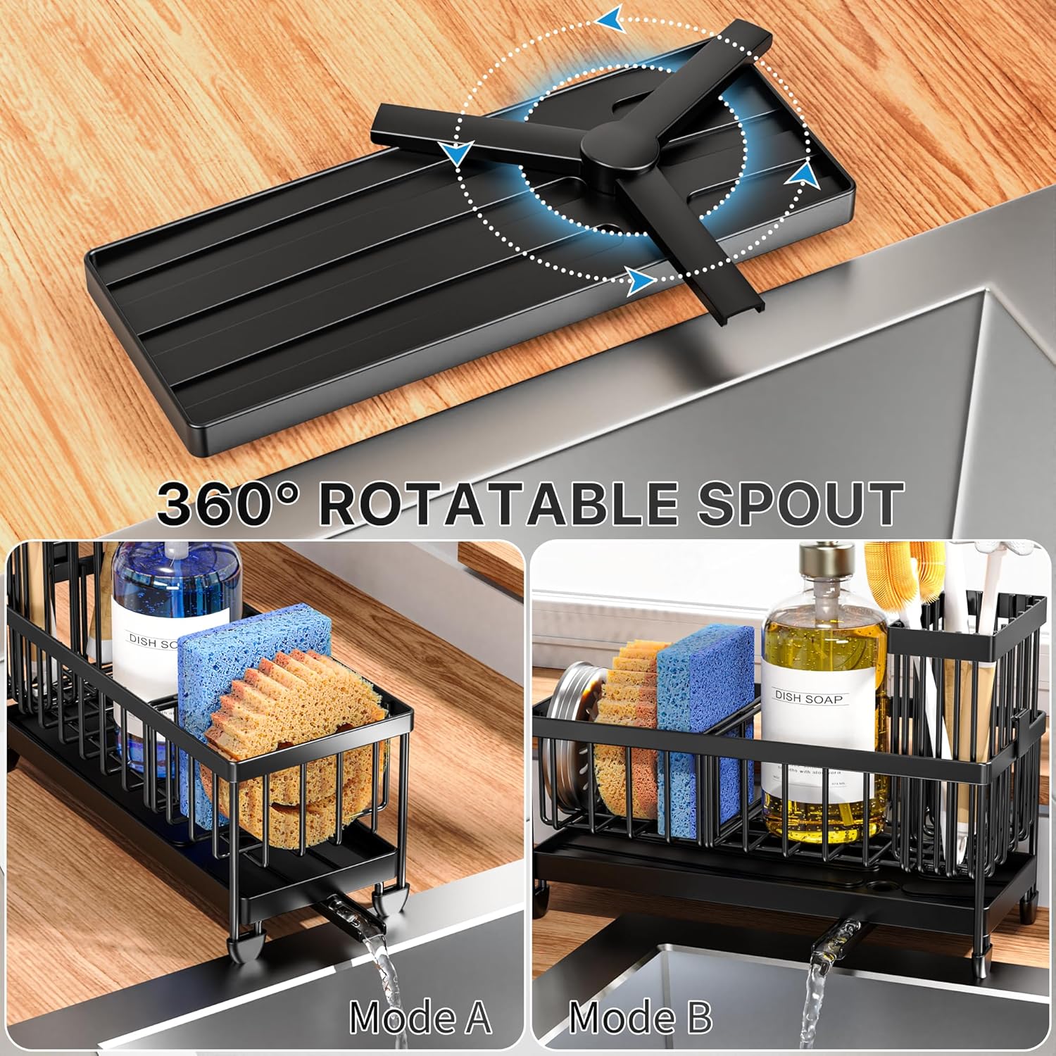 Moonval Kitchen Sink Caddy, 304 Stainless Steel Sponge Holder with Removable Brush Rack