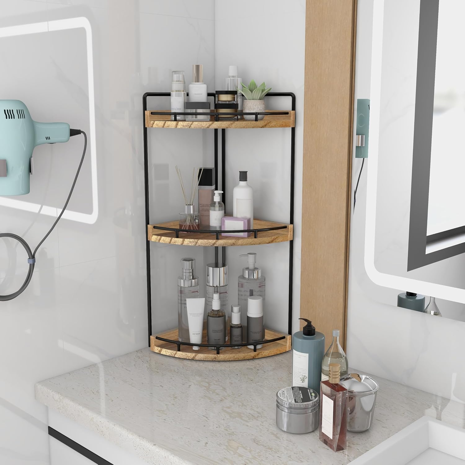 Moonval Corner Countertop Organizer, 3-Tier Wooden Shelf for Bathroom, Kitchen, Vanity & Dresser