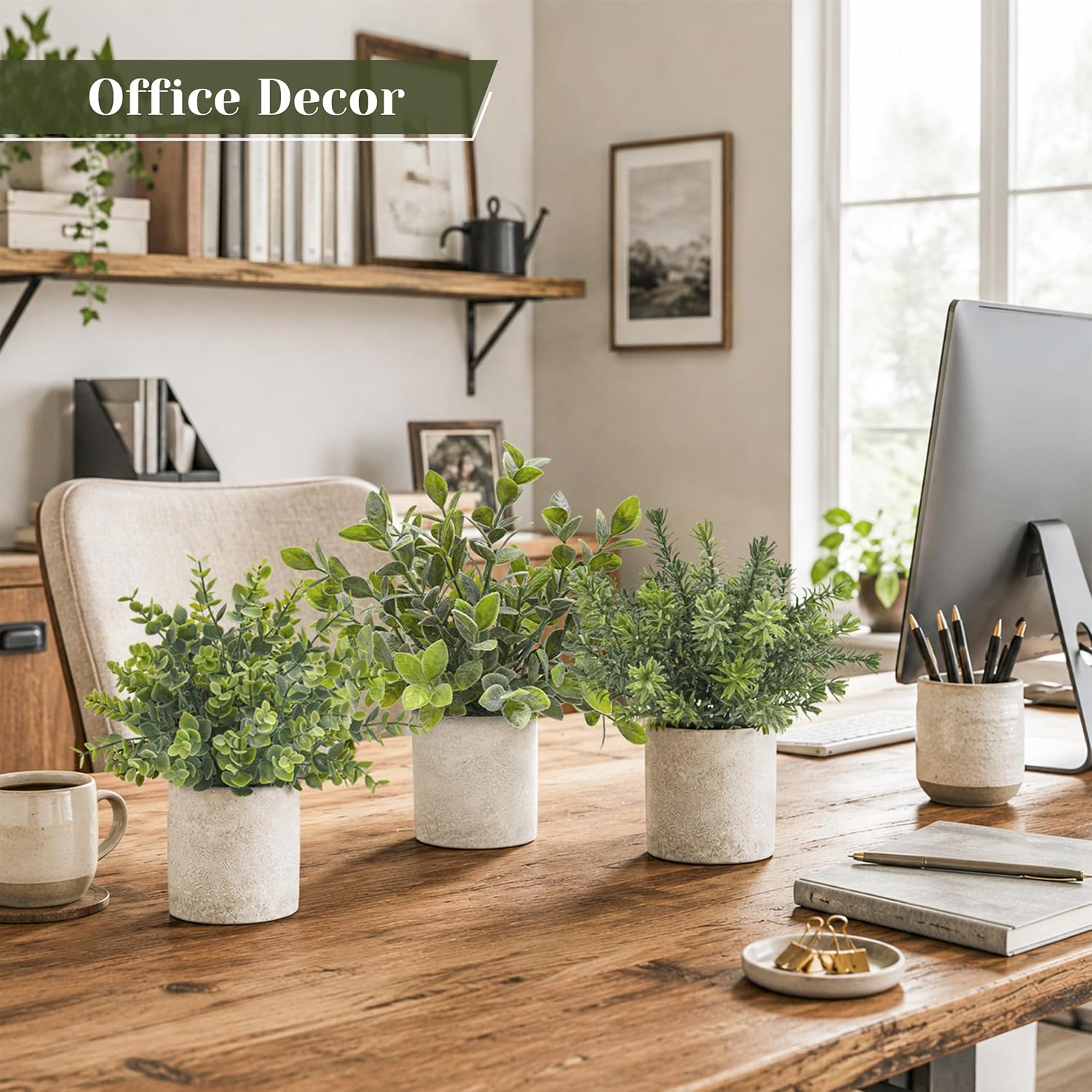 Moonval Mini Artificial Potted Plants, Set of 3 Faux Eucalyptus for Home, Office & Desk Decor