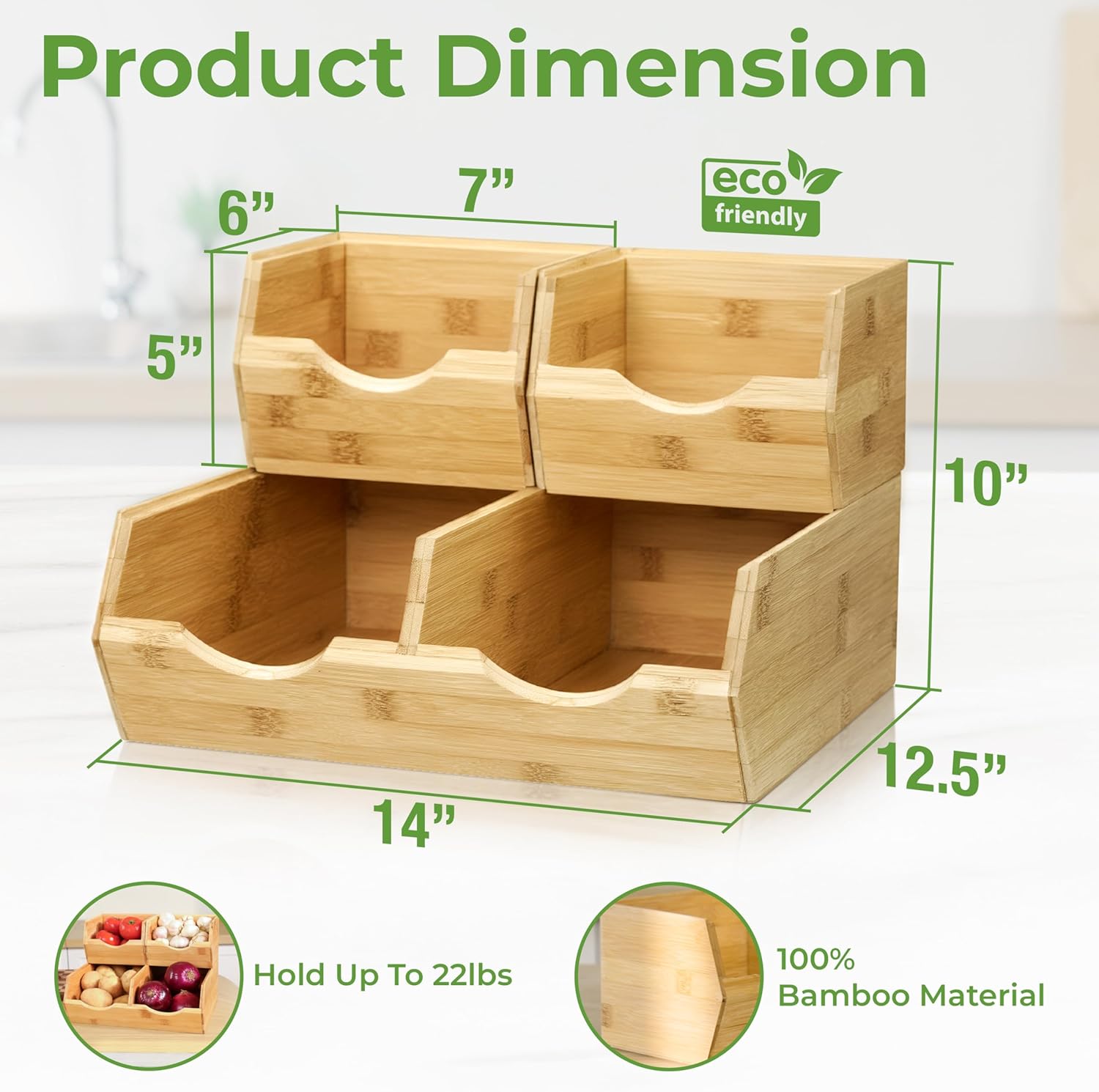 Moonval Bamboo Pantry Storage Bins, 3-Pack Stackable Potato & Onion Organizers with Slide-Out Access