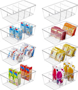 Moonval Food Storage Organizer Bins, Clear Pantry Containers with 4 Compartments for Snacks & Packets