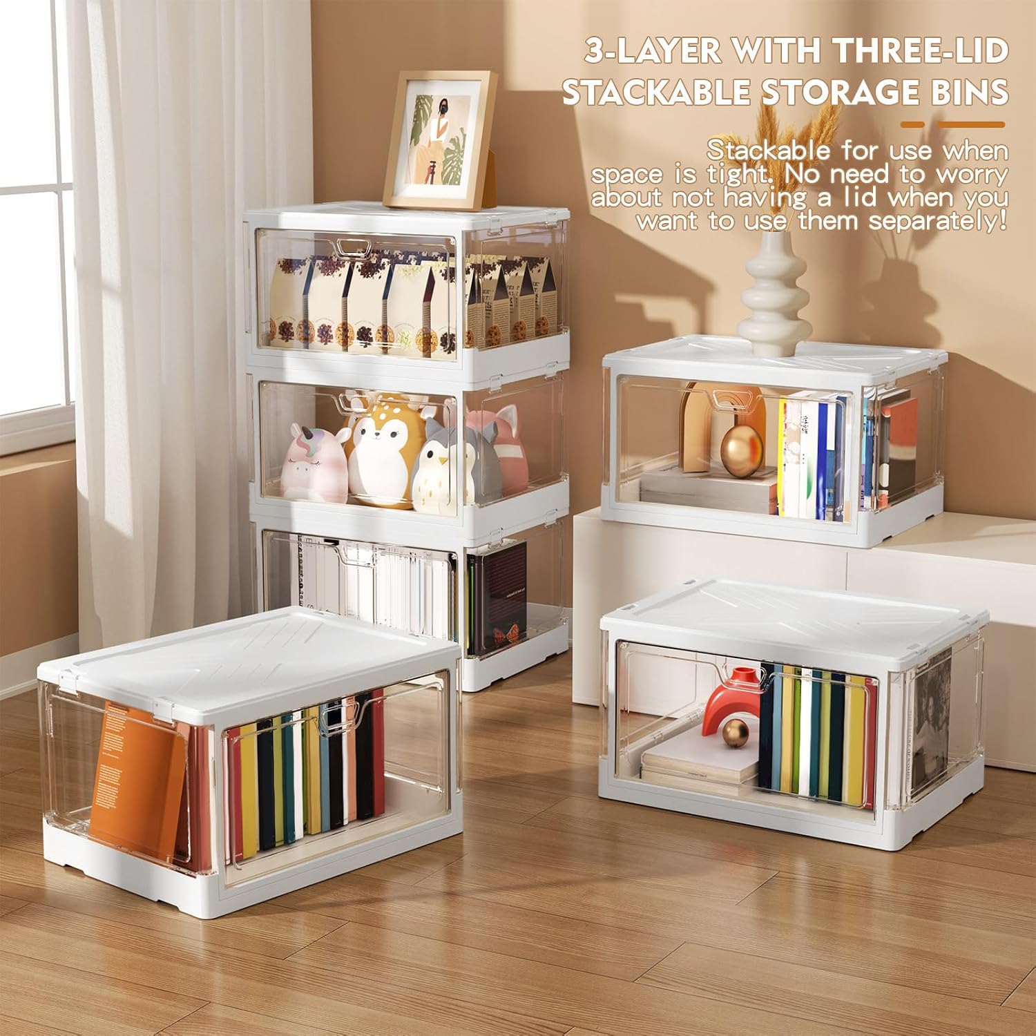 Moonval Clear Storage Bins, 3-Pack Foldable Stackable Containers with Lids & Magnetic Doors