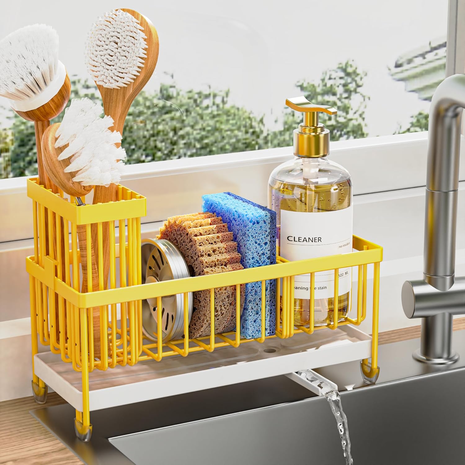 Moonval Kitchen Sink Caddy, 304 Stainless Steel Sponge Holder with Removable Brush Rack