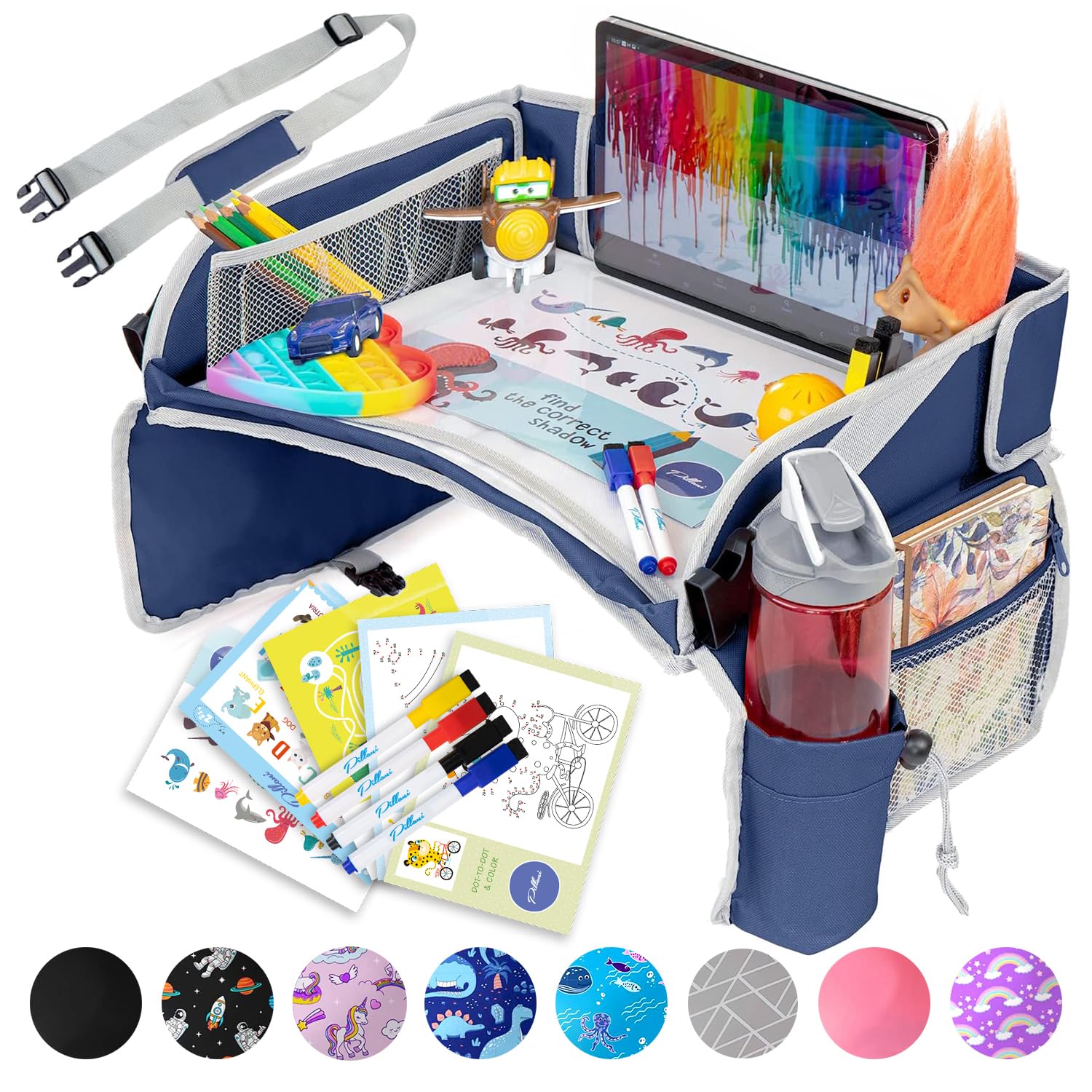 Moonval Kids Travel Tray, Car Seat Activity Lap Desk with Storage Pockets, Activity Sheets & Pens