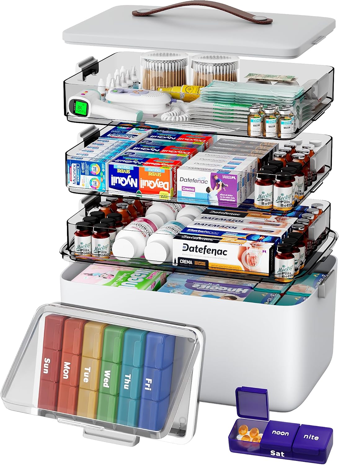 Moonval Medicine Organizer, 3-Tier Portable First Aid Storage Box with Leather Handle for Home