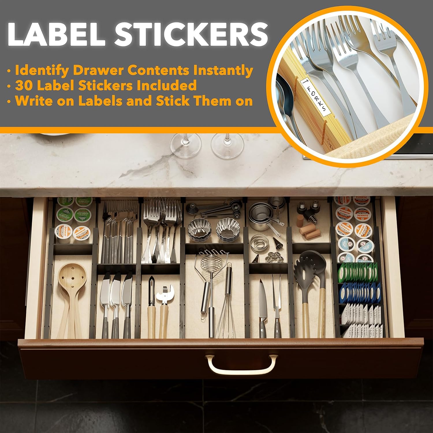 Moonval Bamboo Drawer Dividers, Adjustable Organizers with Inserts & Labels for Kitchen & Dressers