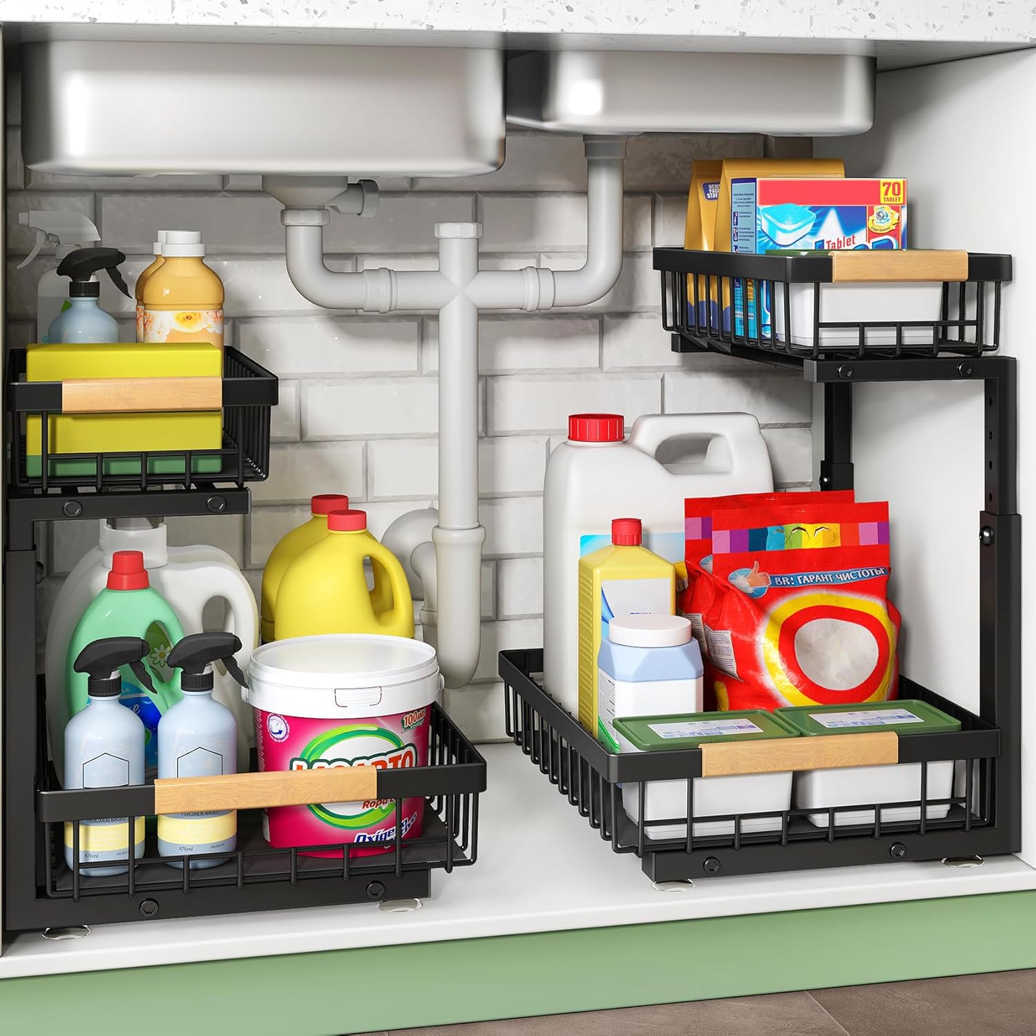 Moonval Under Sink Organizer, 2-Tier Sliding Cabinet Storage Shelf for Kitchen, Bathroom & Pantry