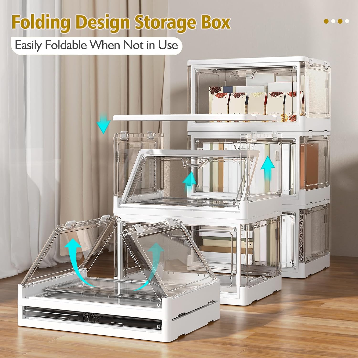 Moonval Clear Storage Bins, 3-Pack Foldable Stackable Containers with Lids & Magnetic Doors