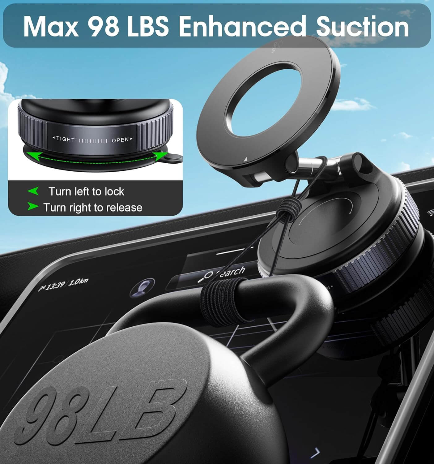 Moonval Vacuum Magnetic Phone Holder, 360° Adjustable Dashboard Car Mount with Suction Base