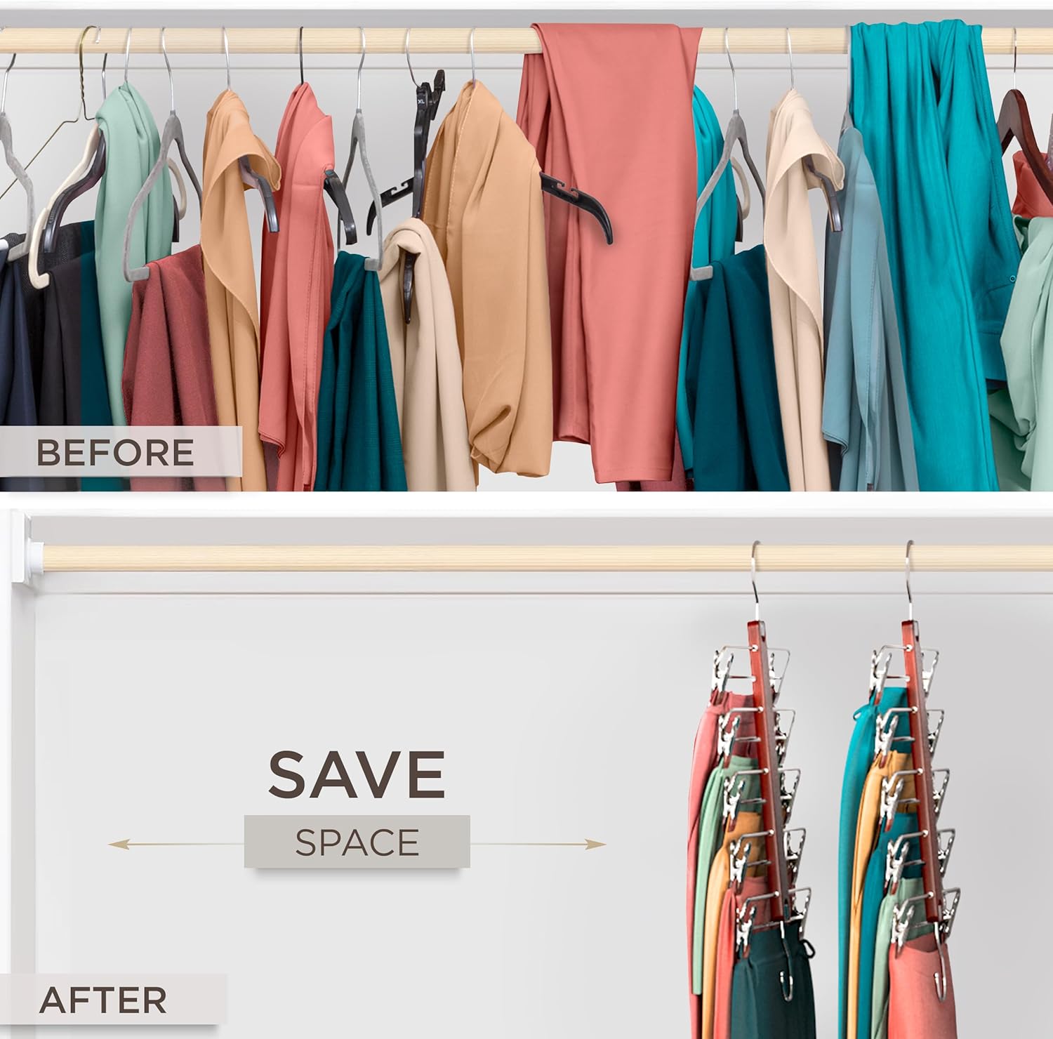 Moonval Skirt Hangers, 2-Pack 5-Tier Wooden Closet Organizers with Clips & 360° Swivel Hooks