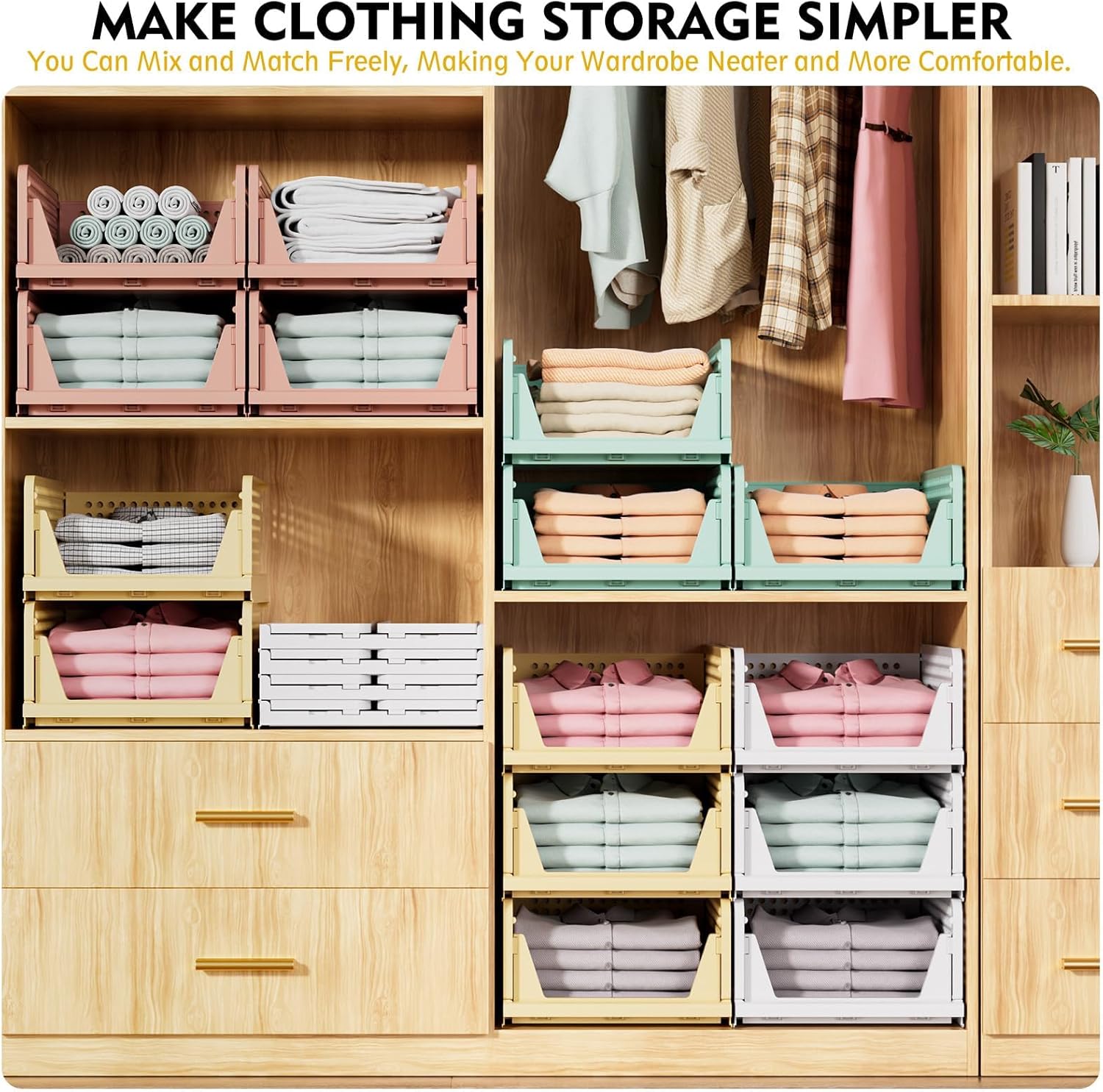 Moonval Stackable Closet Storage Baskets, Foldable Drawer Organizers for Clothes & Home Storage