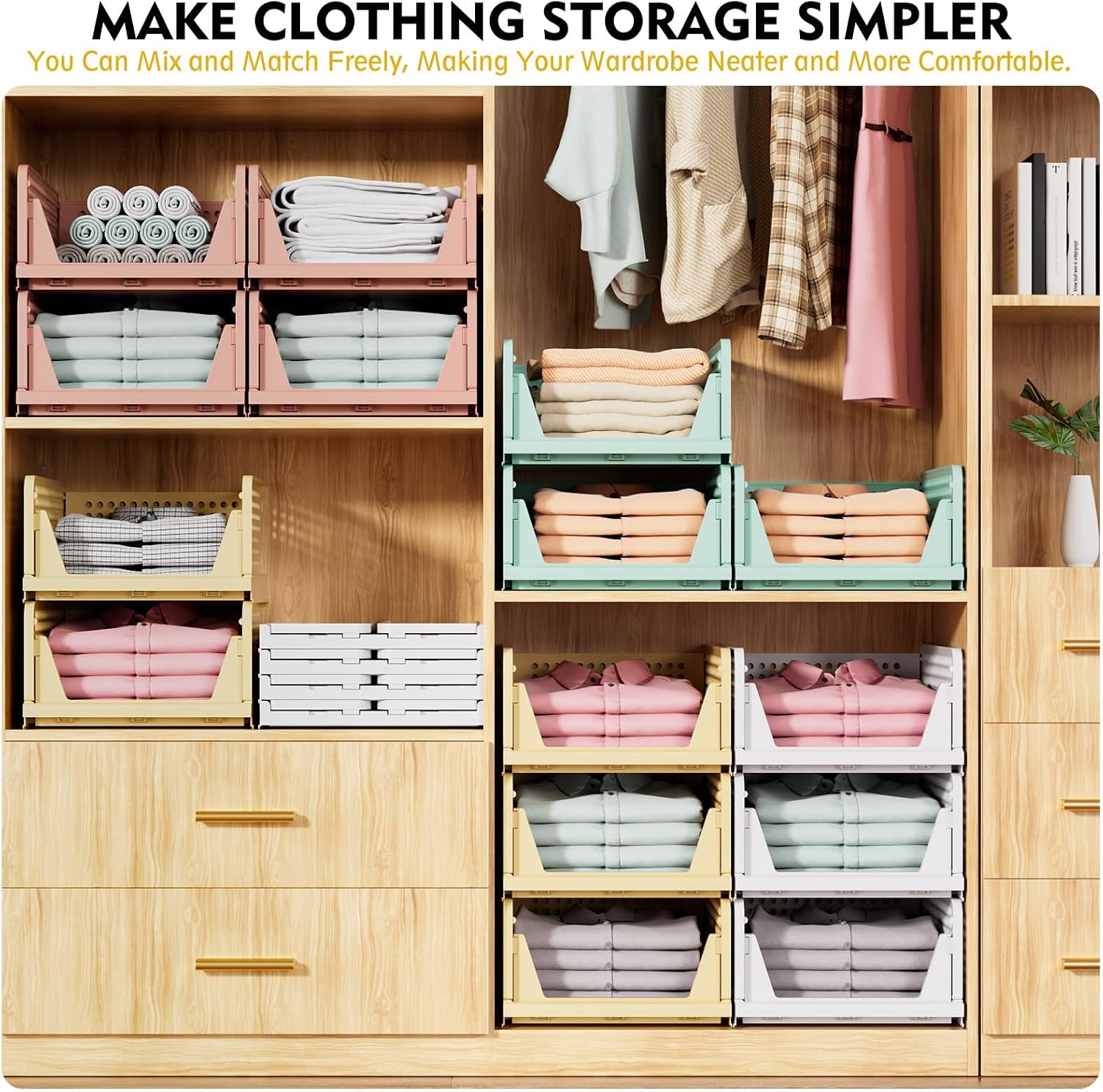Moonval Stackable Closet Storage Baskets, Foldable Drawer Organizers for Clothes & Home Storage