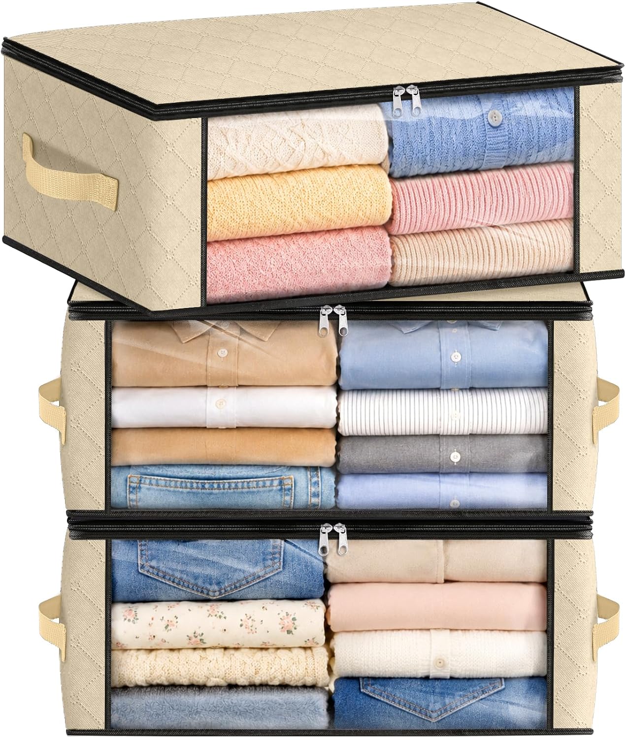 Moonval Closet Storage Bags, 3-Pack 35L Foldable Under Bed Organizers with Handles for Clothing
