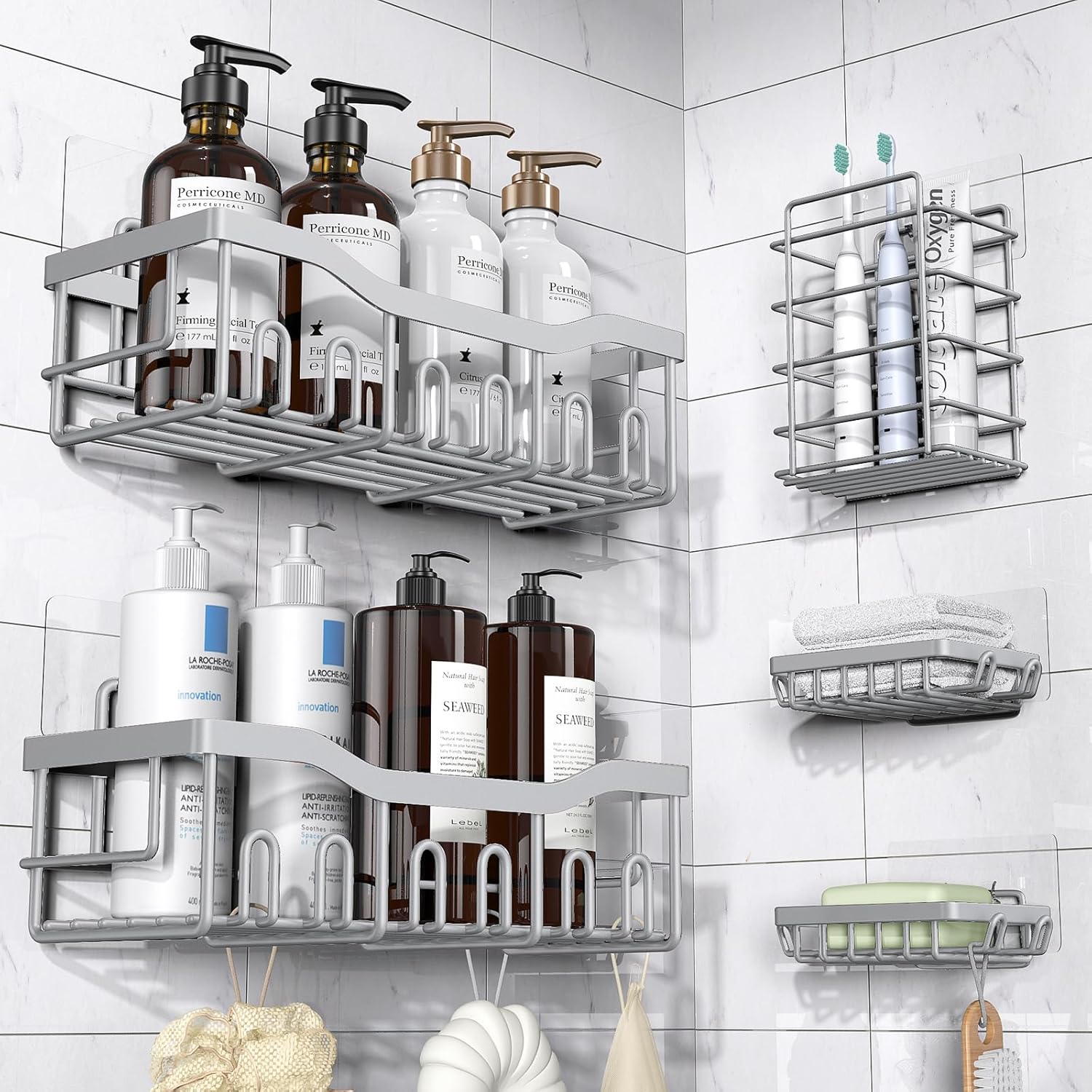 Moonval Adhesive Shower Caddy, 5-Pack Rustproof Stainless Steel Bathroom Organizer Shelves