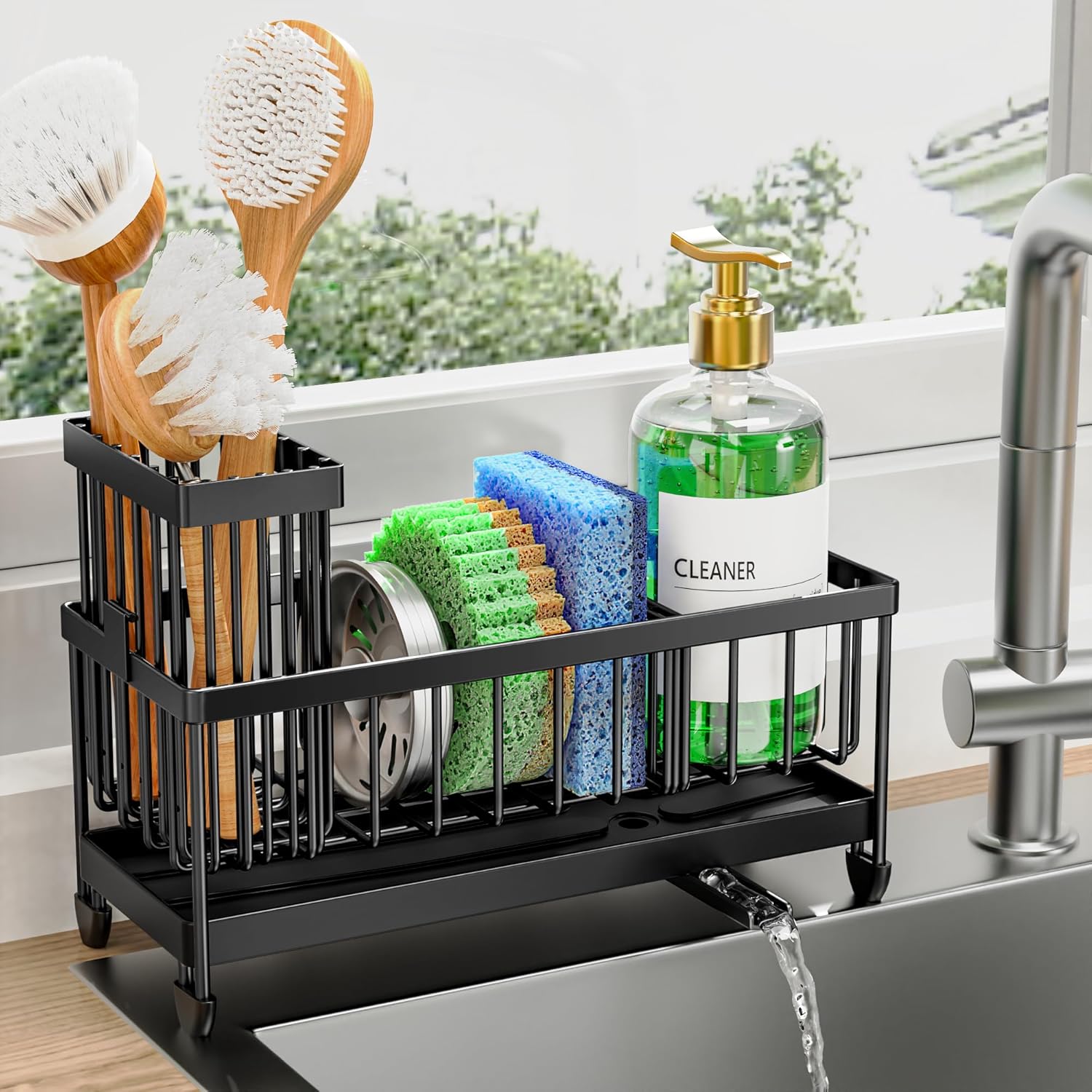 Moonval Kitchen Sink Caddy, 304 Stainless Steel Sponge Holder with Removable Brush Rack