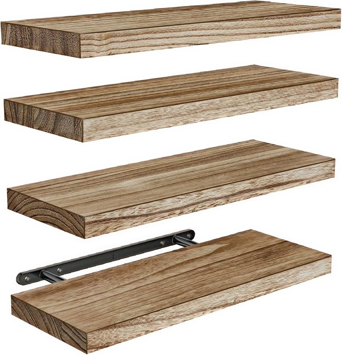 Moonval Floating Wall Shelves, Set of 4 Natural Wood Storage & Display Shelves for Home Decor