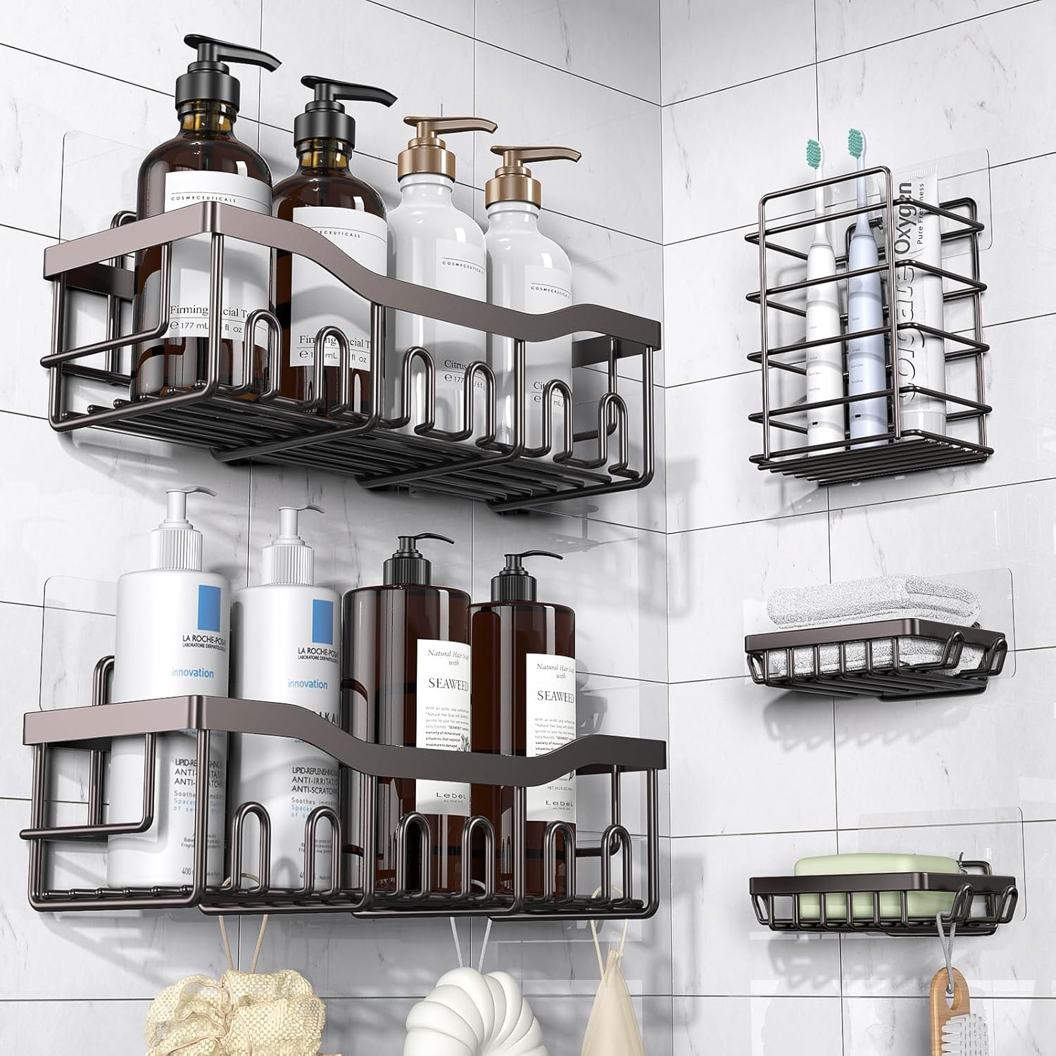 Moonval Adhesive Shower Caddy, 5-Pack Rustproof Stainless Steel Bathroom Organizer Shelves
